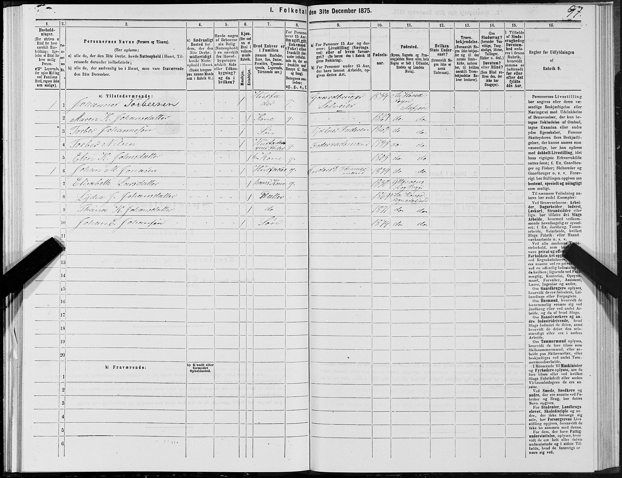 SAT, 1875 census for 1630P Aafjorden, 1875, p. 1097