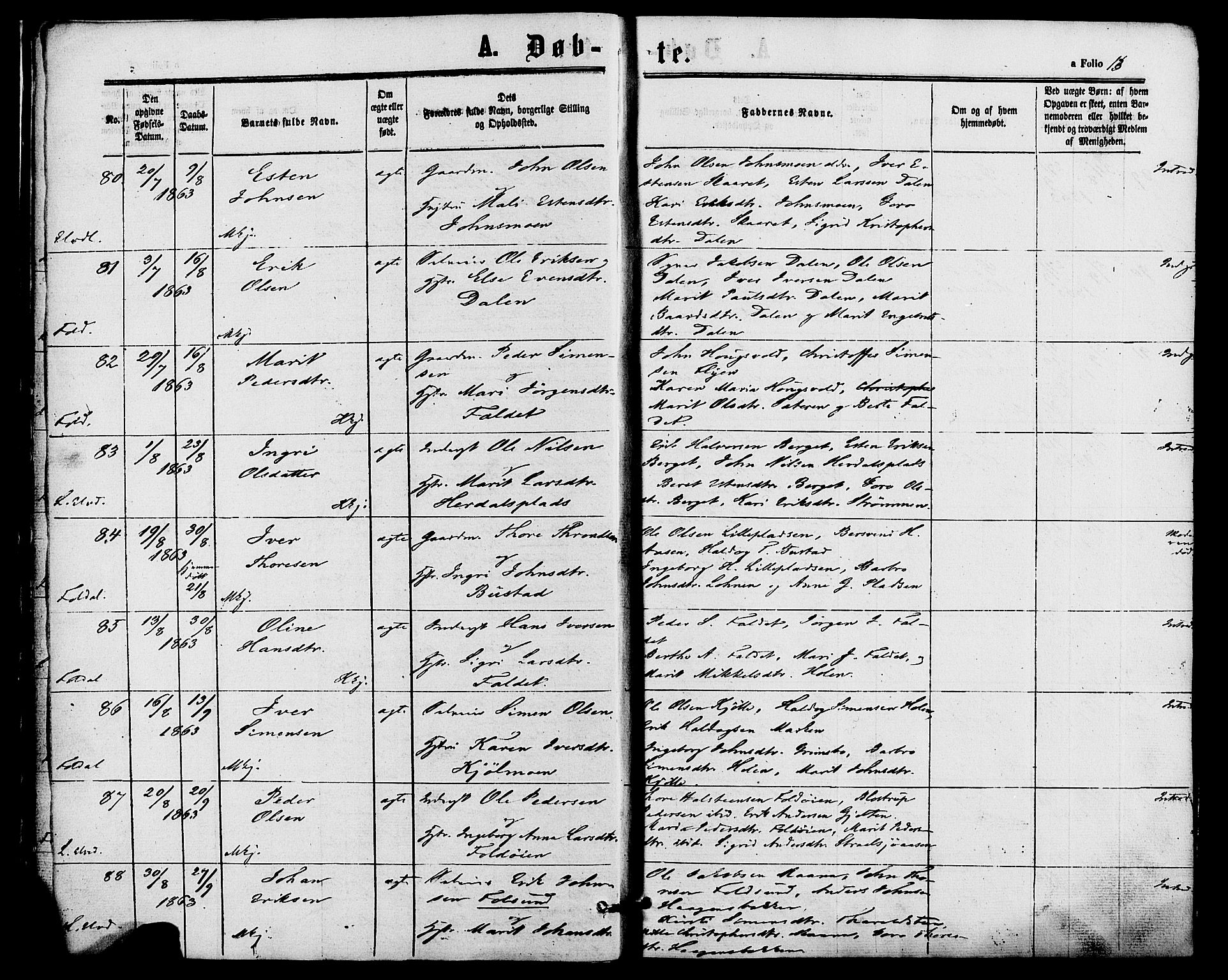 Alvdal prestekontor, AV/SAH-PREST-060/H/Ha/Haa/L0001: Parish register (official) no. 1, 1863-1882, p. 13