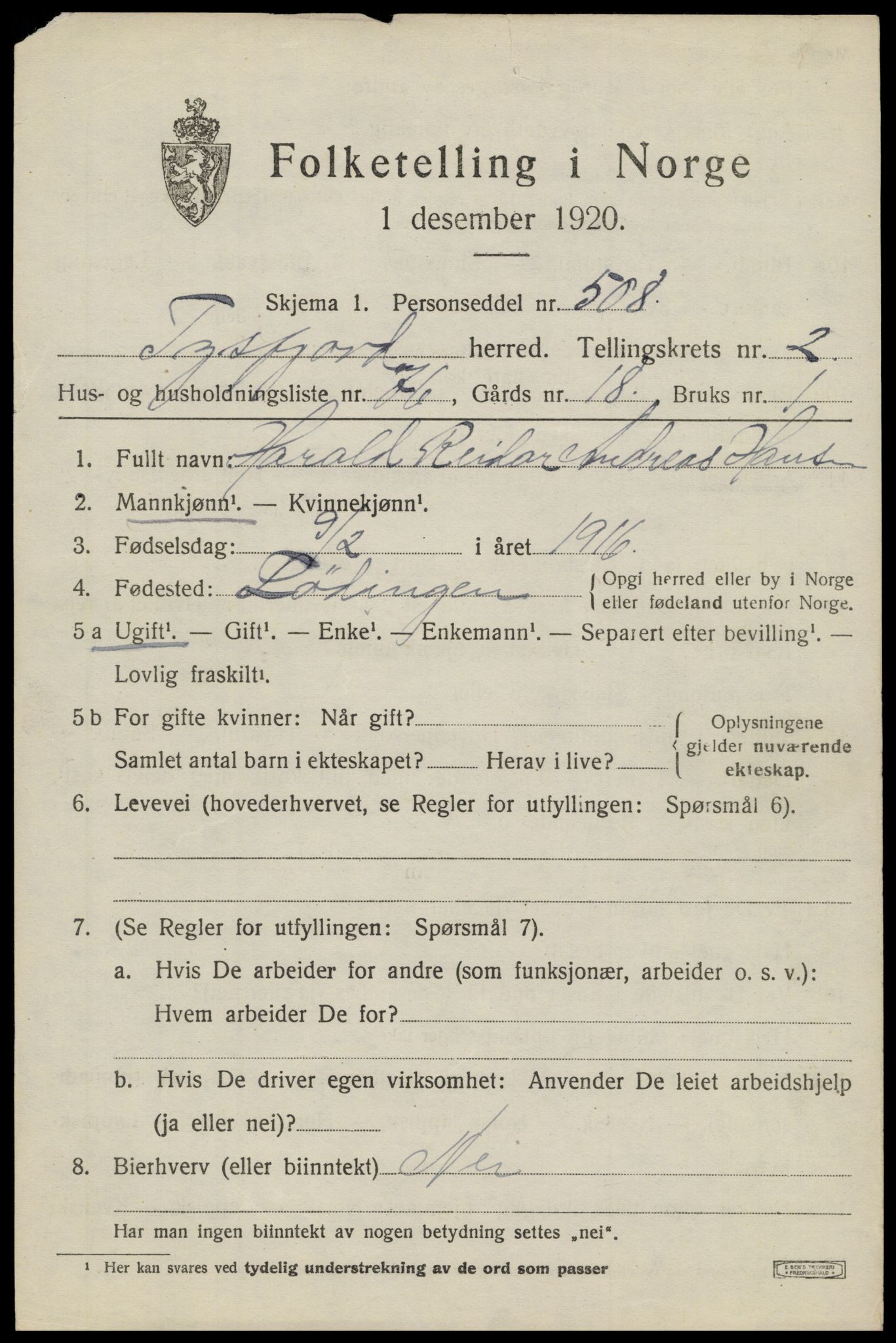 SAT, 1920 census for Tysfjord, 1920, p. 2247