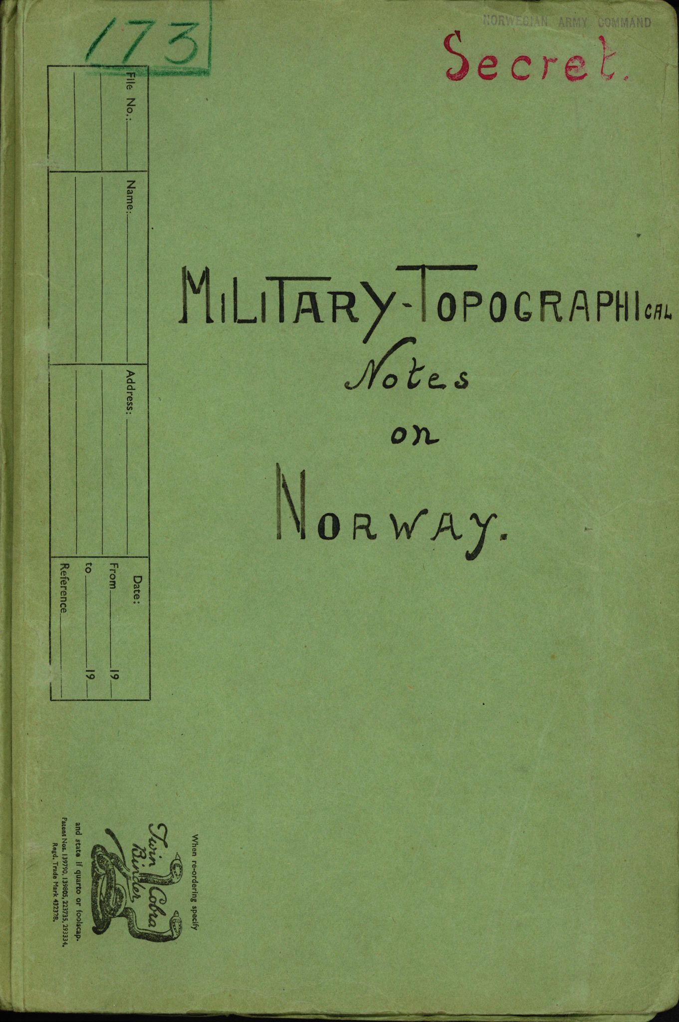 Forsvaret, Forsvarets overkommando II, RA/RAFA-3915/D/Dd/L0013:  Norsk topografi:  Norway and Arctic Finland, 1940-1941, p. 1