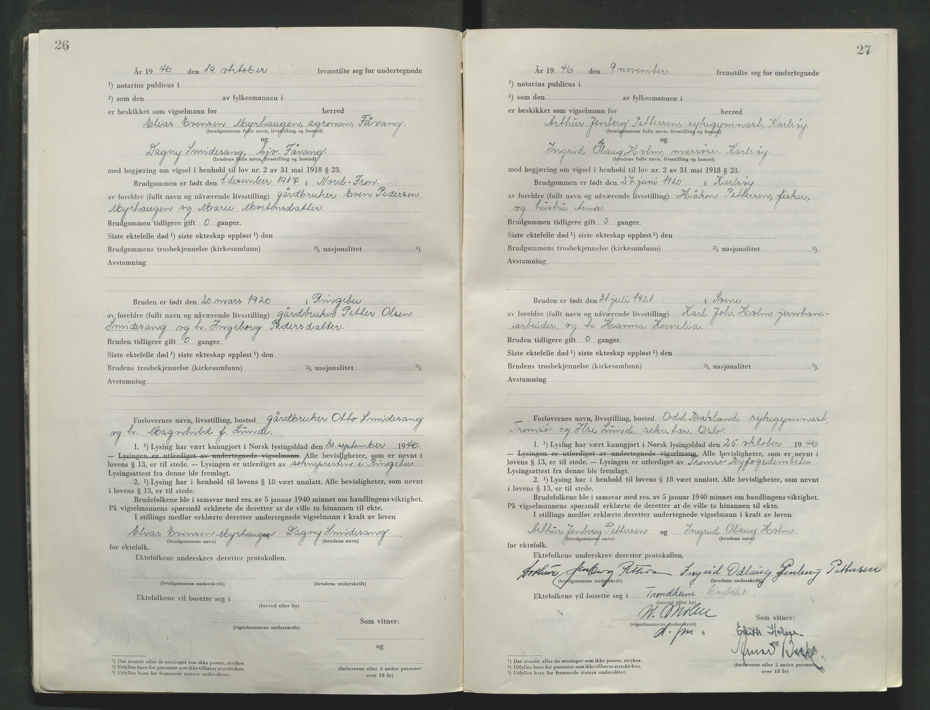 Sør-Gudbrandsdal tingrett, AV/SAH-TING-004/L/Lc/L0006: Vigselsprotokoll, 1946-1954, p. 26-27