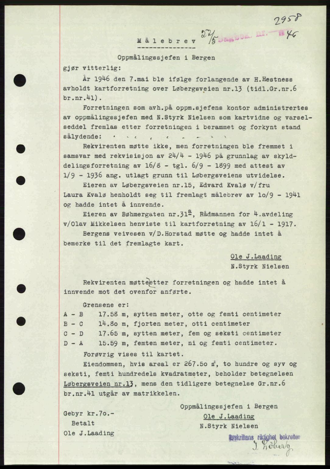 Byfogd og Byskriver i Bergen, SAB/A-3401/03/03Bc/L0022: Mortgage book no. A18, 1946-1946, Diary no: : 2958/1946