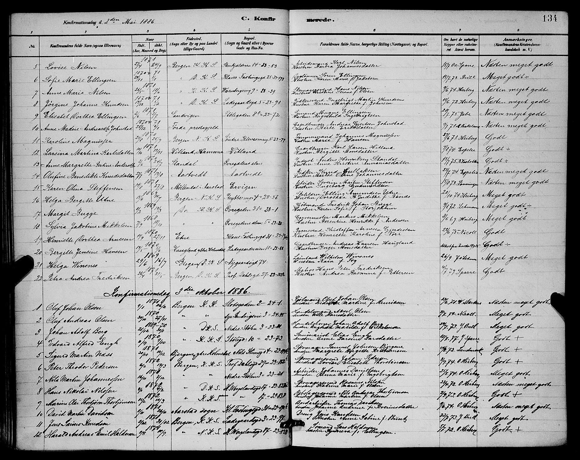 Mariakirken Sokneprestembete, AV/SAB-A-76901/H/Hab/L0004: Parish register (copy) no. A 4, 1878-1892, p. 134