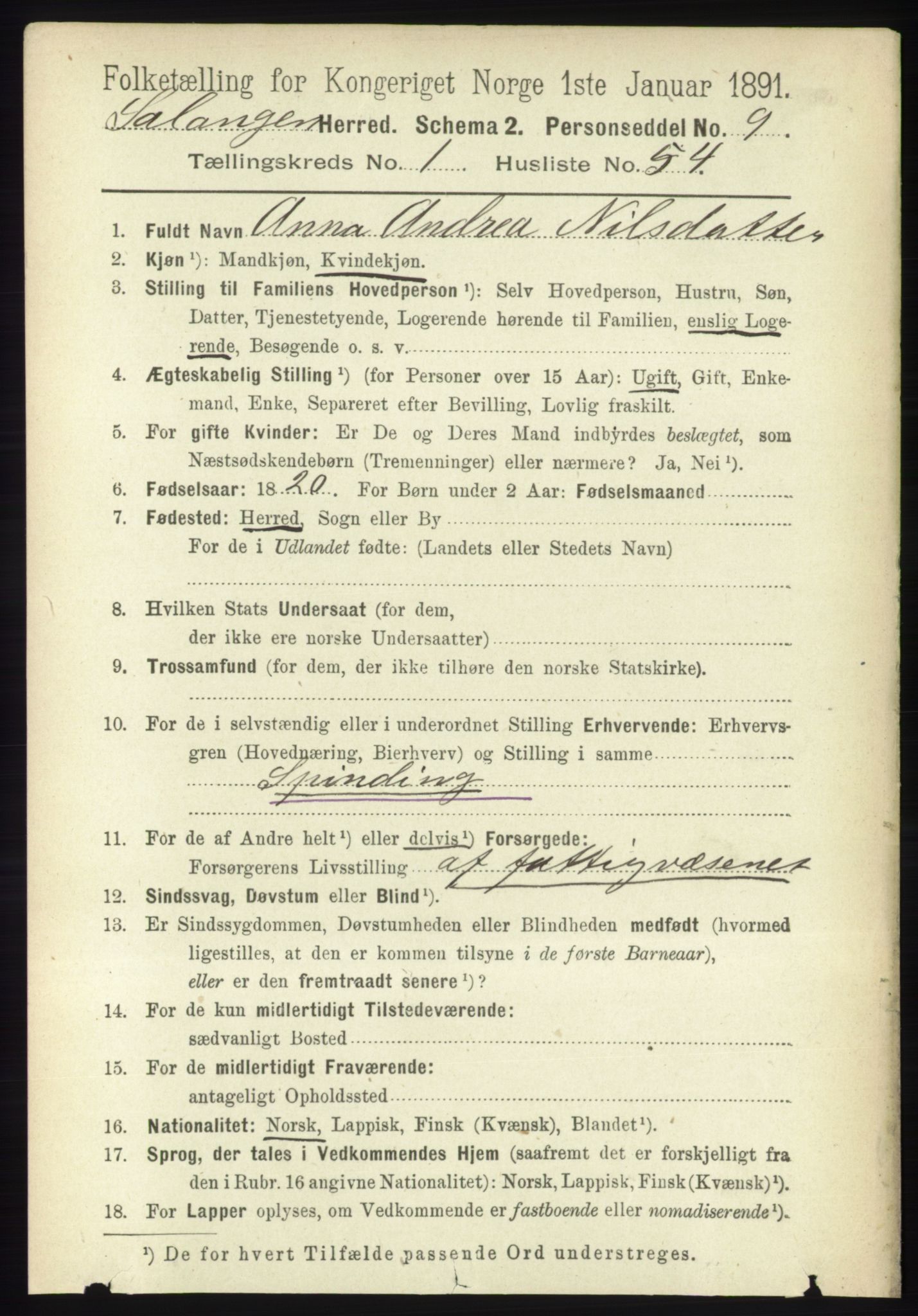 RA, 1891 census for 1921 Salangen, 1891, p. 467