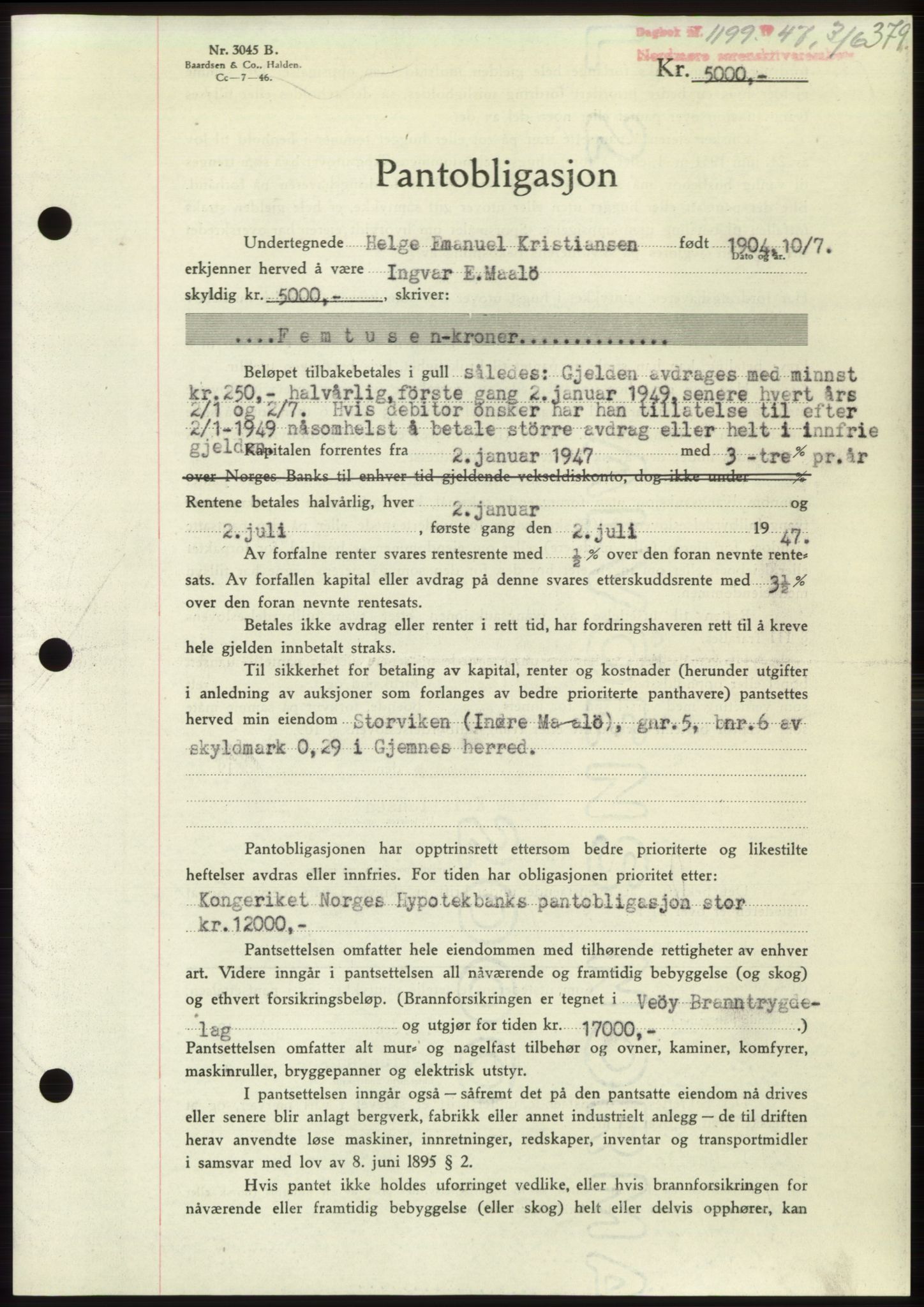 Nordmøre sorenskriveri, AV/SAT-A-4132/1/2/2Ca: Mortgage book no. B96, 1947-1947, Diary no: : 1199/1947