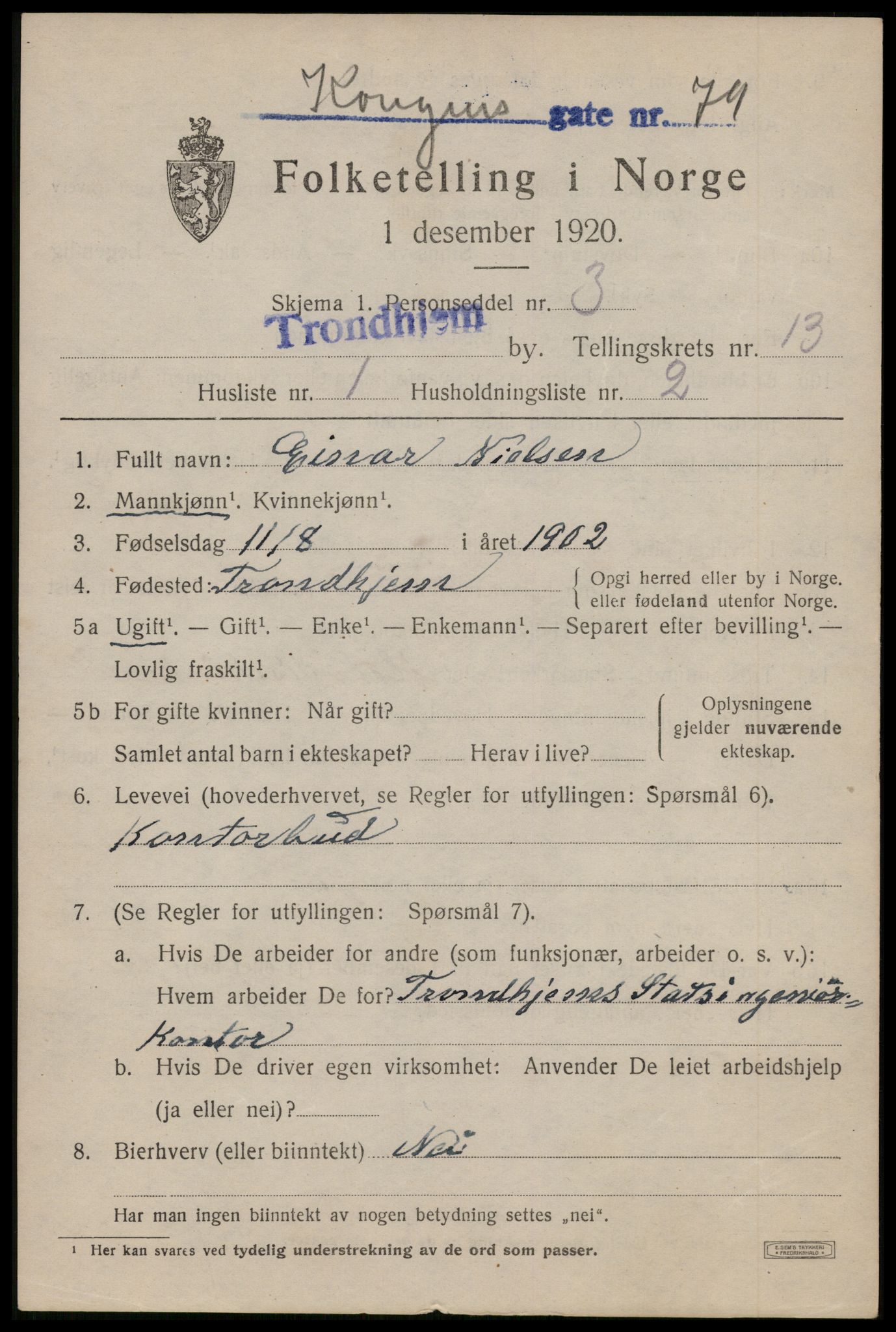 SAT, 1920 census for Trondheim, 1920, p. 49438