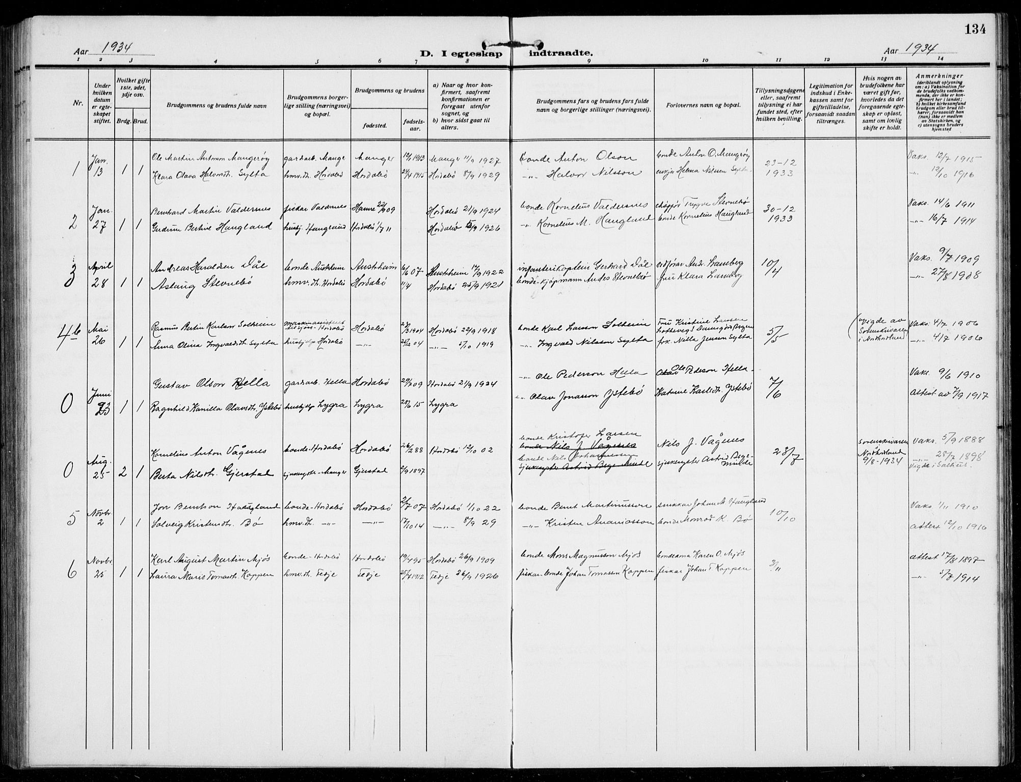 Manger sokneprestembete, SAB/A-76801/H/Hab: Parish register (copy) no. B  5, 1922-1938, p. 134