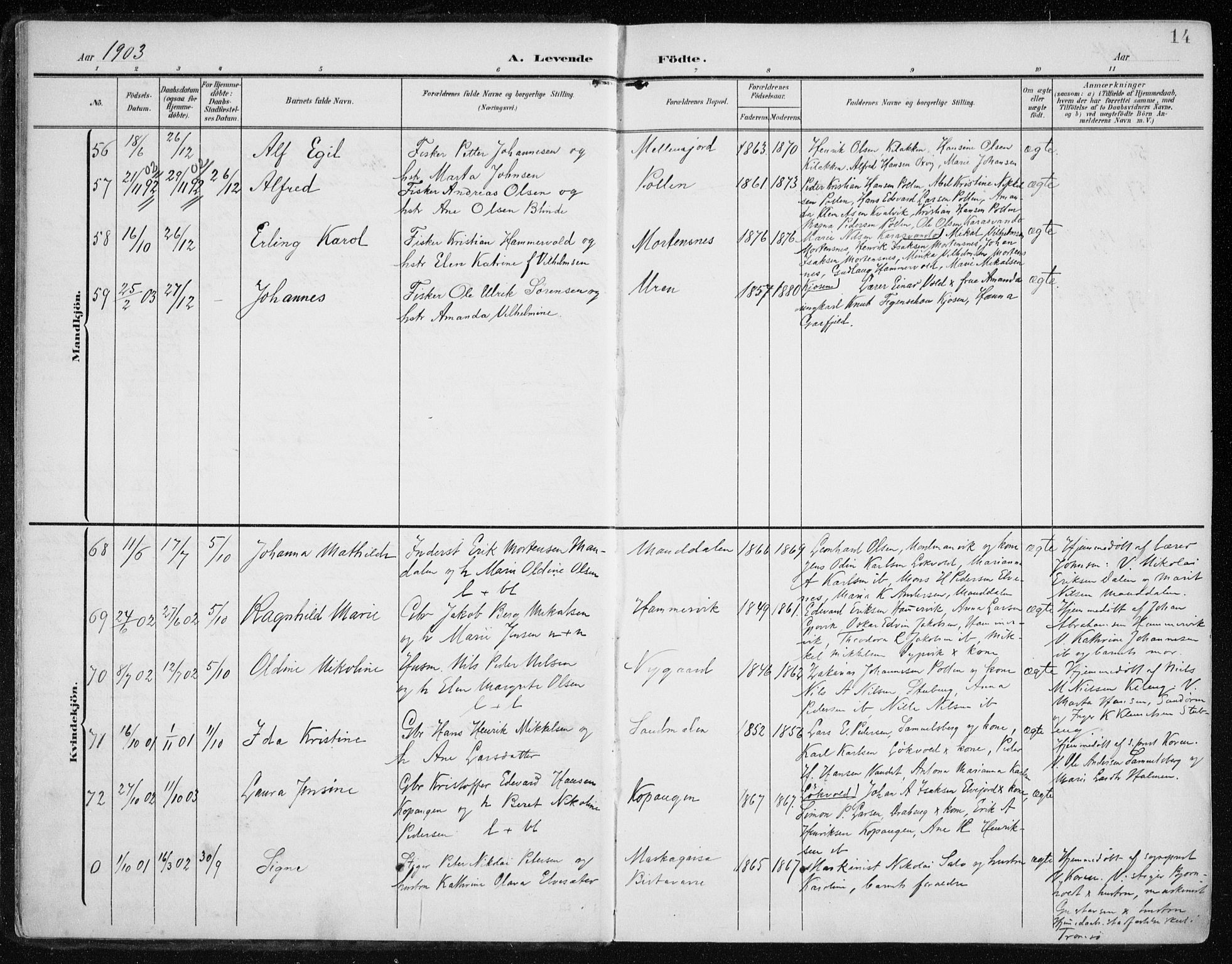 Lyngen sokneprestembete, AV/SATØ-S-1289/H/He/Hea/L0011kirke: Parish register (official) no. 11, 1903-1913, p. 14