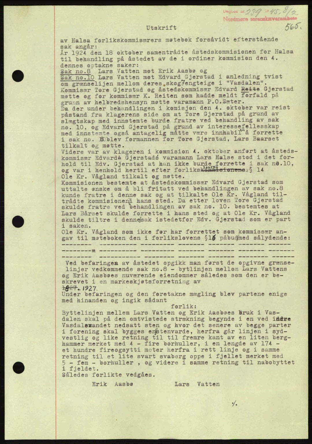 Nordmøre sorenskriveri, AV/SAT-A-4132/1/2/2Ca: Mortgage book no. B92, 1944-1945, Diary no: : 239/1945