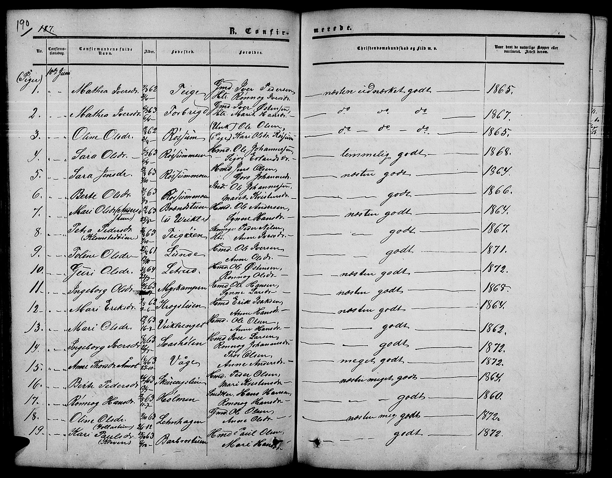 Nord-Fron prestekontor, SAH/PREST-080/H/Ha/Hab/L0003: Parish register (copy) no. 3, 1851-1886, p. 190