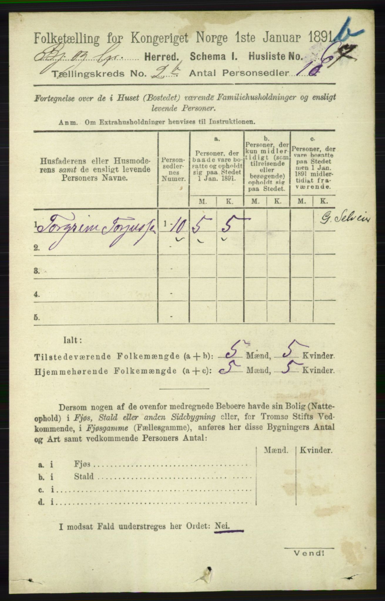 RA, 1891 census for 1024 Bjelland og Grindheim, 1891, p. 310