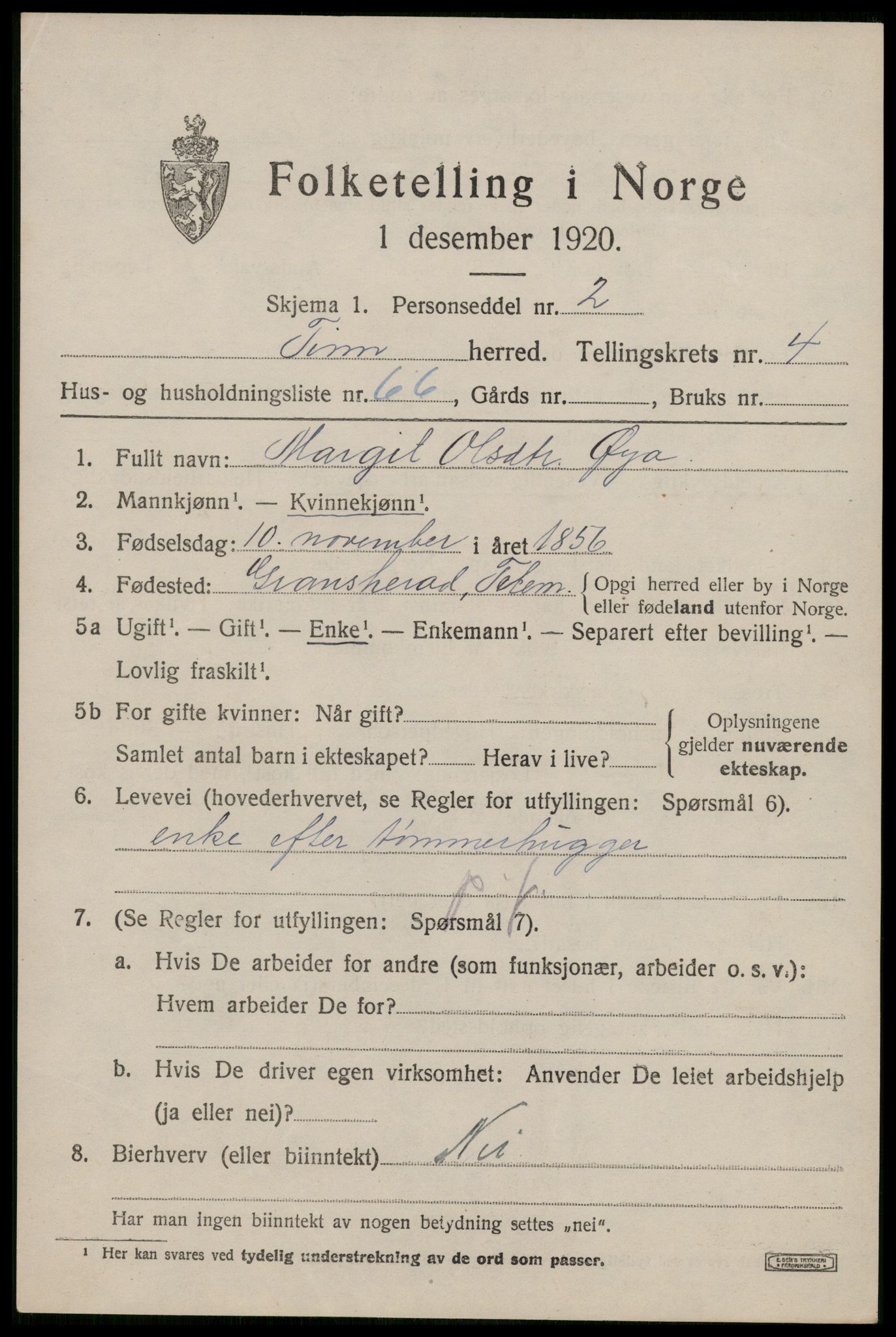SAKO, 1920 census for Tinn, 1920, p. 4452