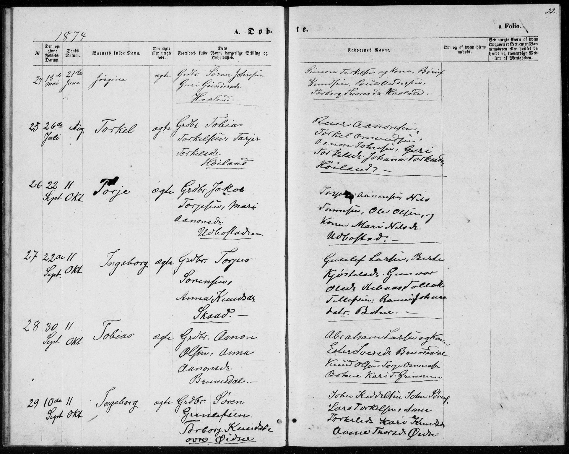 Bjelland sokneprestkontor, AV/SAK-1111-0005/F/Fb/Fbc/L0002: Parish register (copy) no. B 2, 1867-1887, p. 22