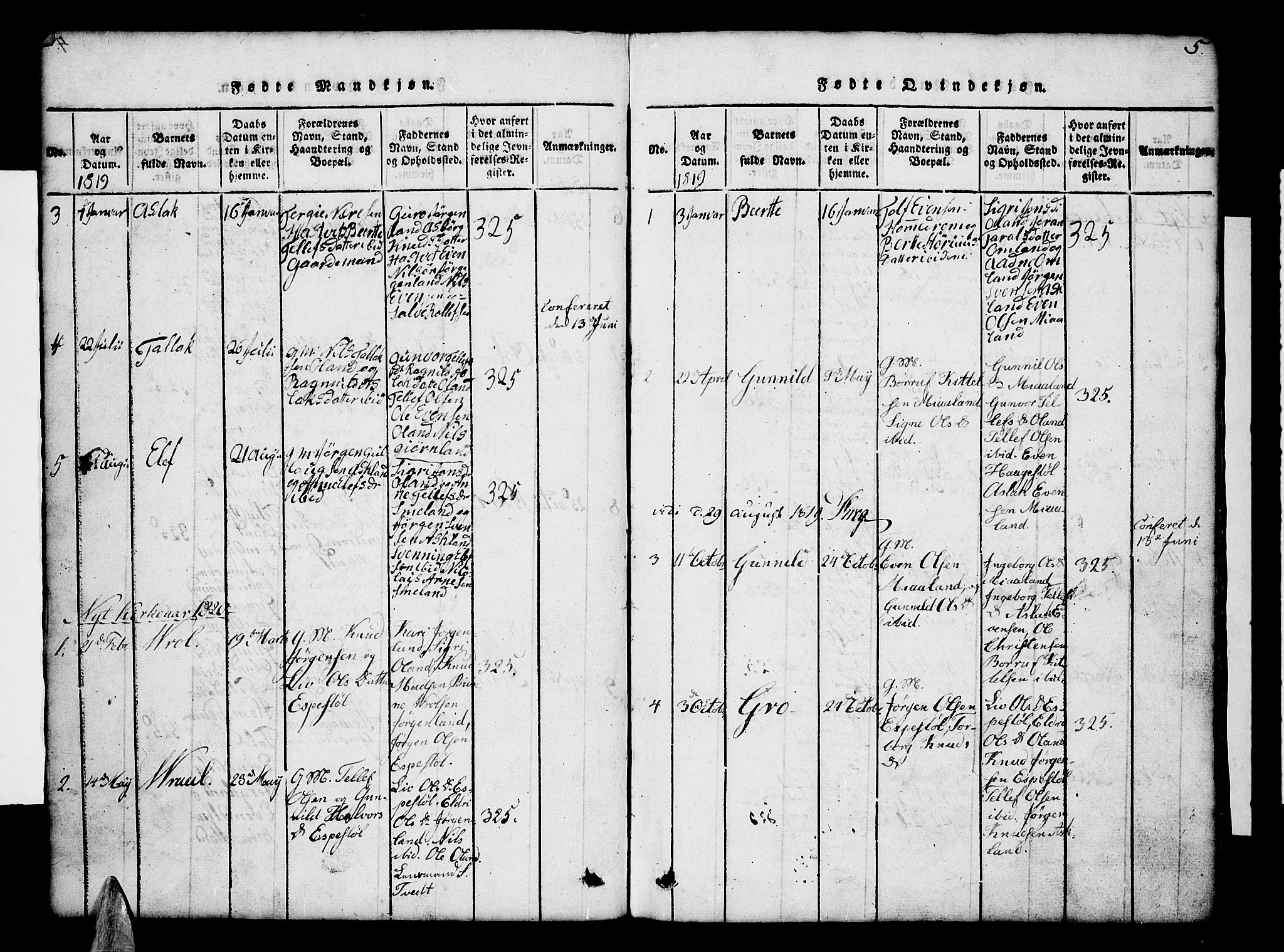 Åmli sokneprestkontor, AV/SAK-1111-0050/F/Fb/Fba/L0001: Parish register (copy) no. B 1, 1816-1890, p. 5