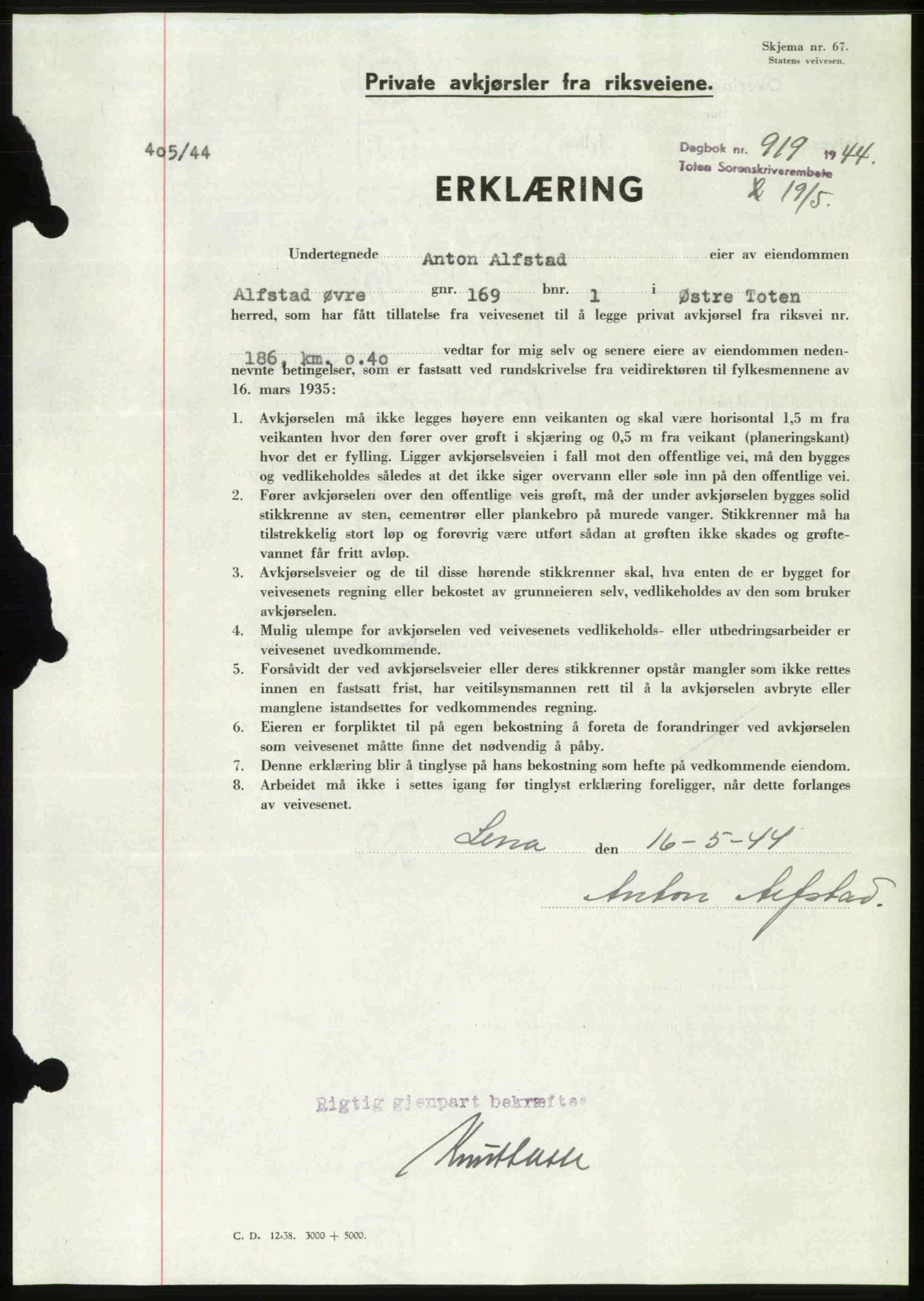 Toten tingrett, AV/SAH-TING-006/H/Hb/Hbc/L0012: Mortgage book no. Hbc-12, 1944-1944, Diary no: : 919/1944