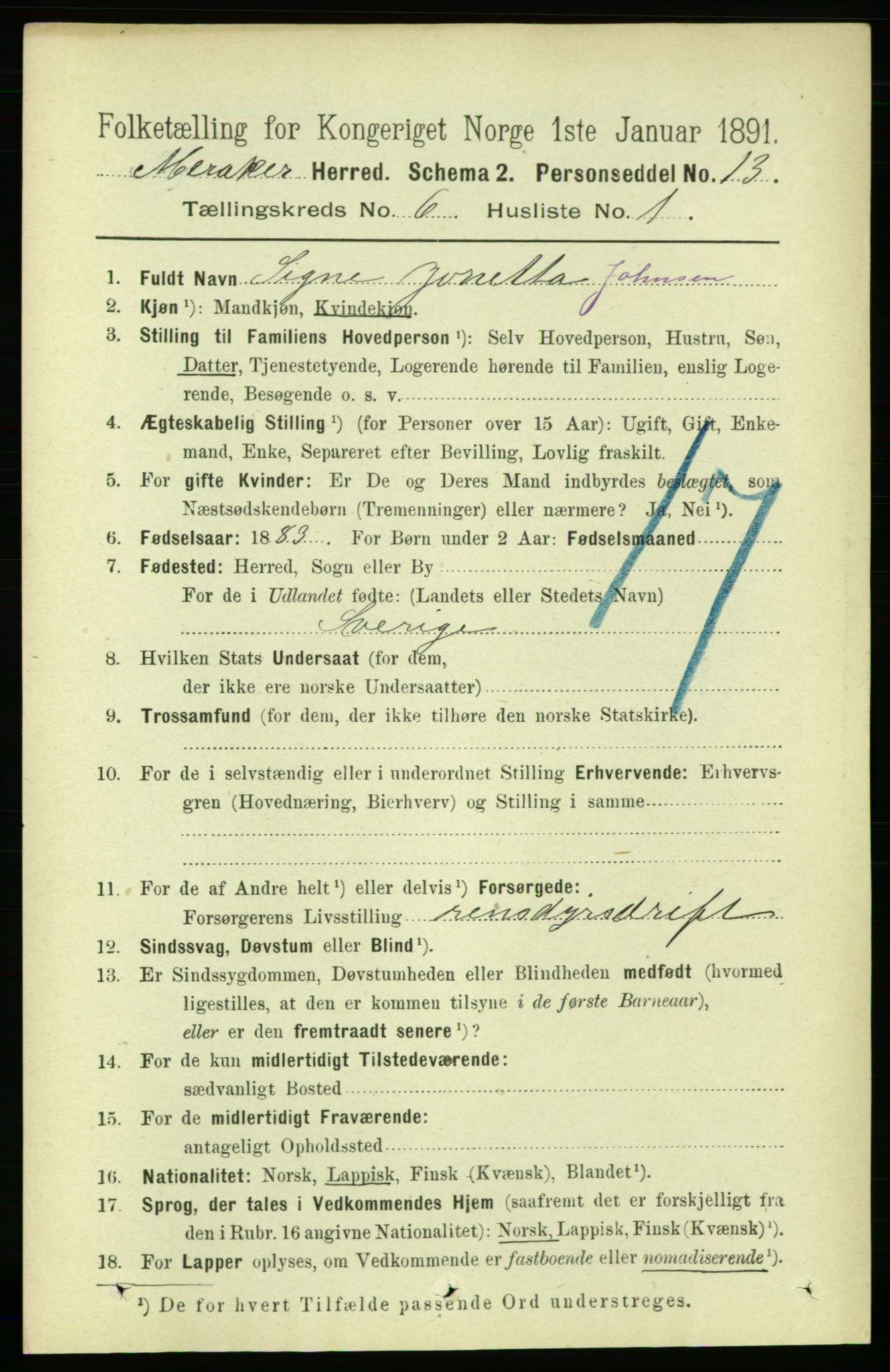 RA, 1891 census for 1711 Meråker, 1891, p. 2038
