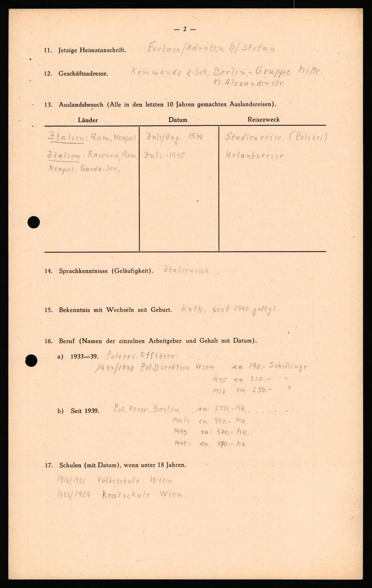 Forsvaret, Forsvarets overkommando II, RA/RAFA-3915/D/Db/L0039: CI Questionaires. Tyske okkupasjonsstyrker i Norge. Østerrikere., 1945-1946, p. 133