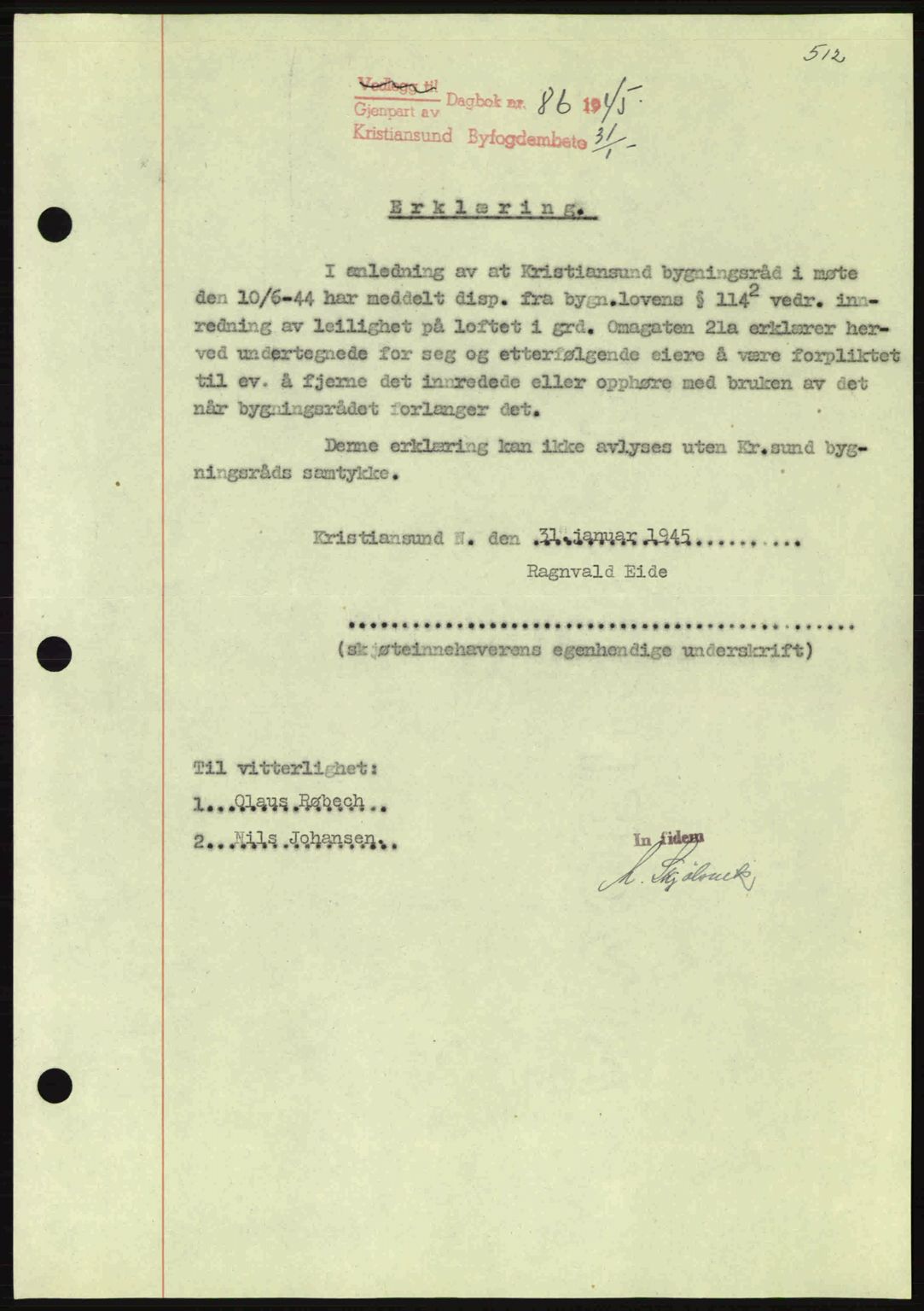 Kristiansund byfogd, SAT/A-4587/A/27: Mortgage book no. 37-38, 1943-1945, Diary no: : 86/1945