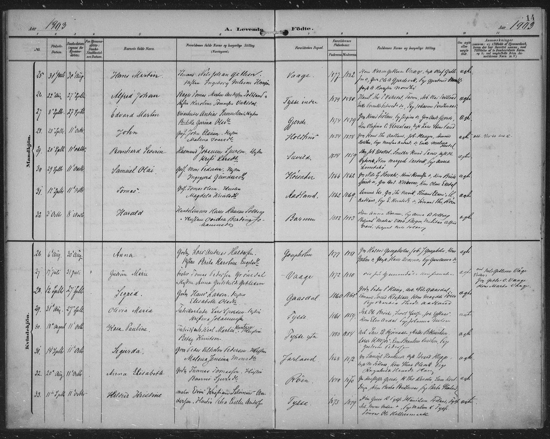 Samnanger Sokneprestembete, AV/SAB-A-77501/H/Haa: Parish register (official) no. A 2, 1902-1918, p. 14