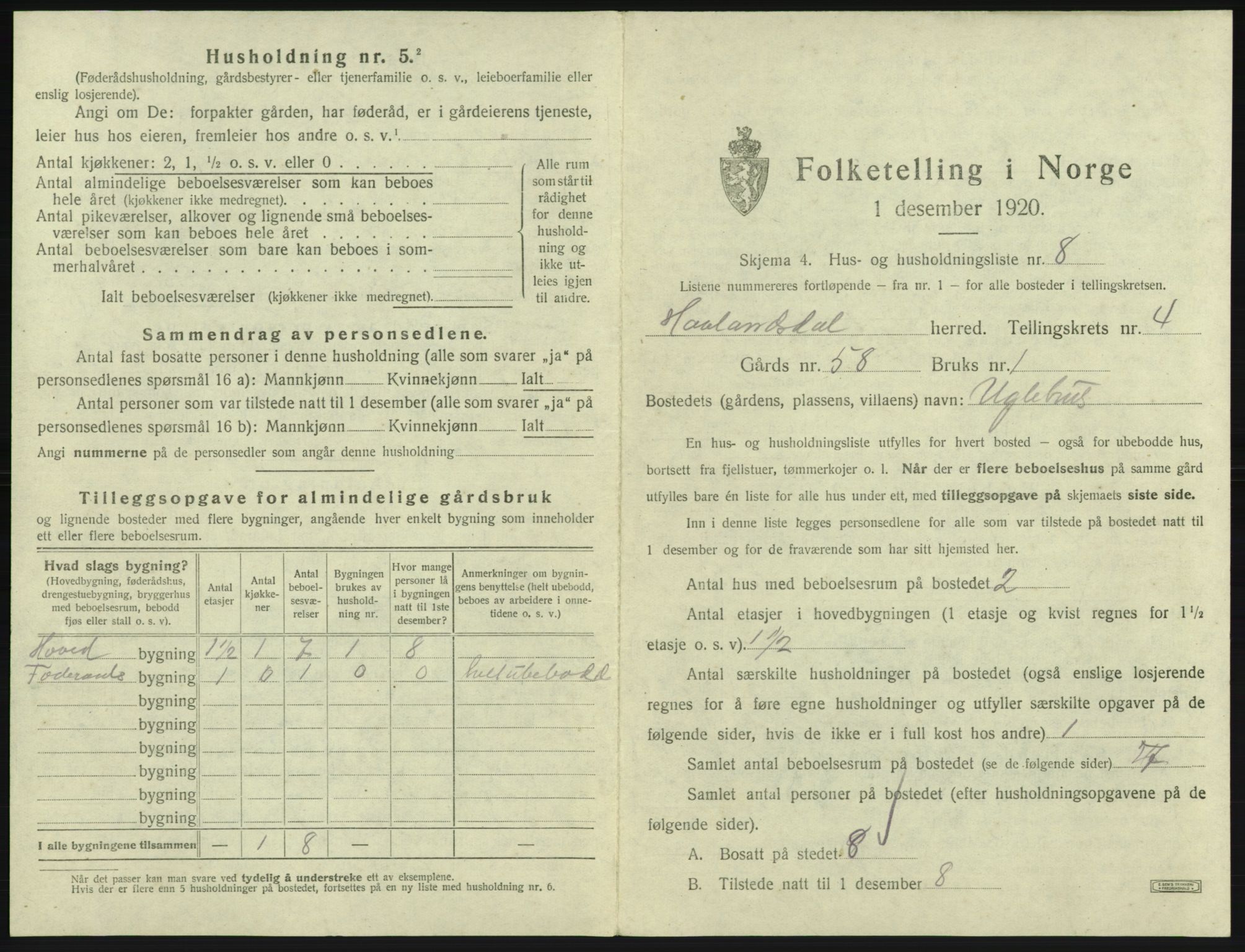 SAB, 1920 census for Hålandsdal, 1920, p. 136