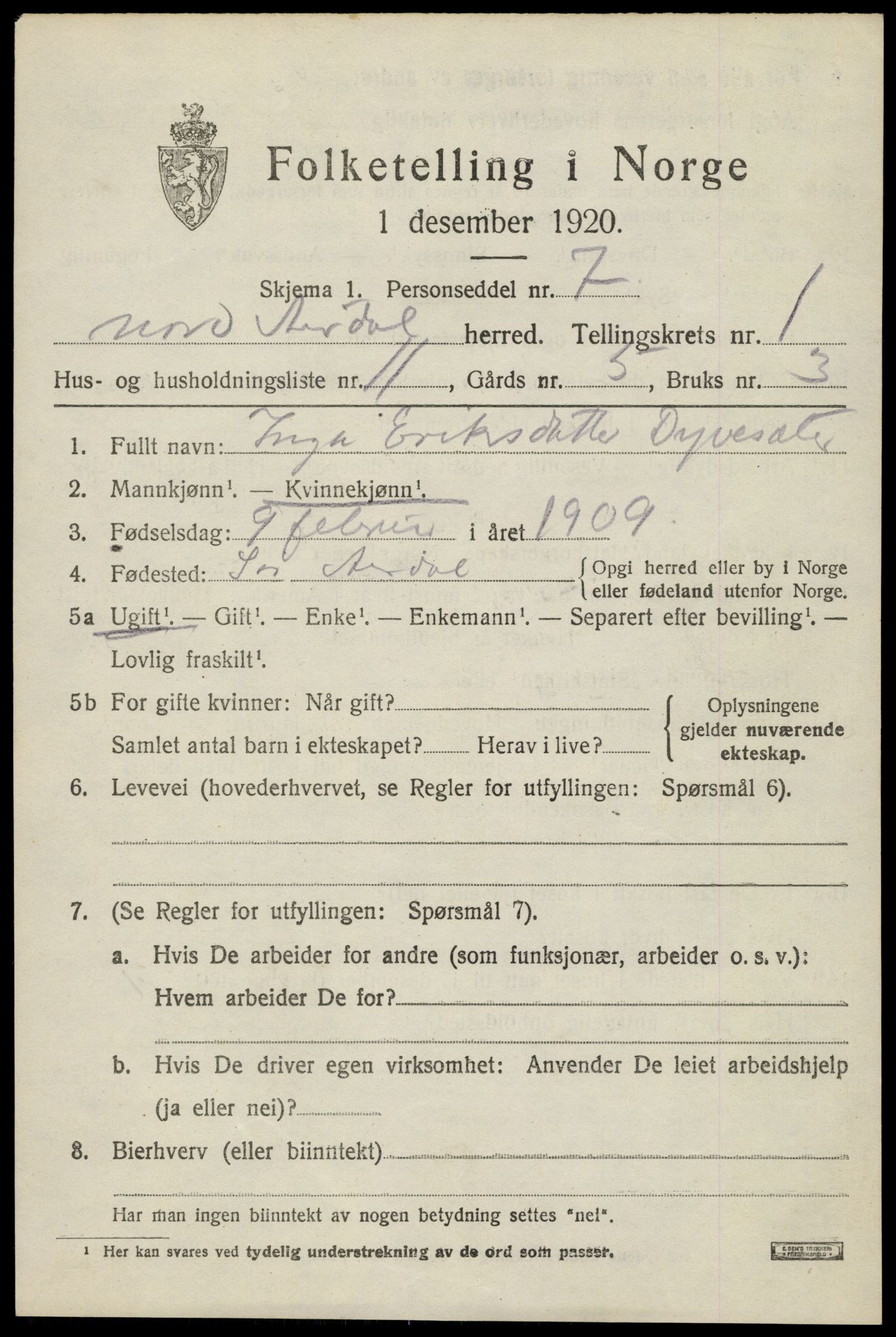 SAH, 1920 census for Nord-Aurdal, 1920, p. 2004