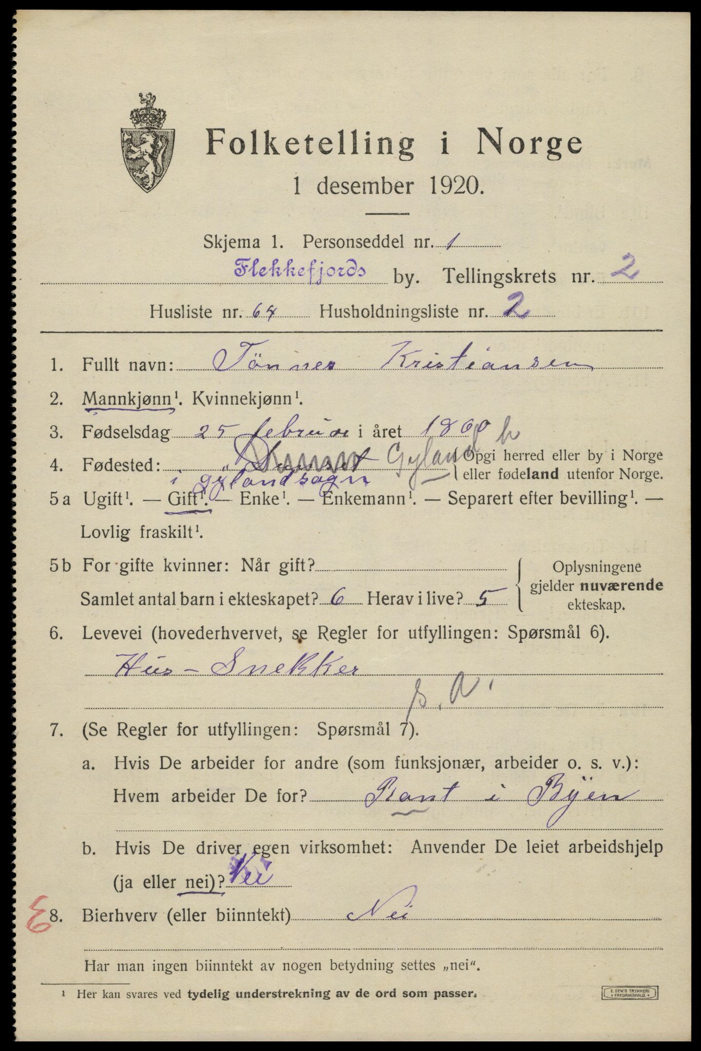 SAK, 1920 census for Flekkefjord, 1920, p. 3262