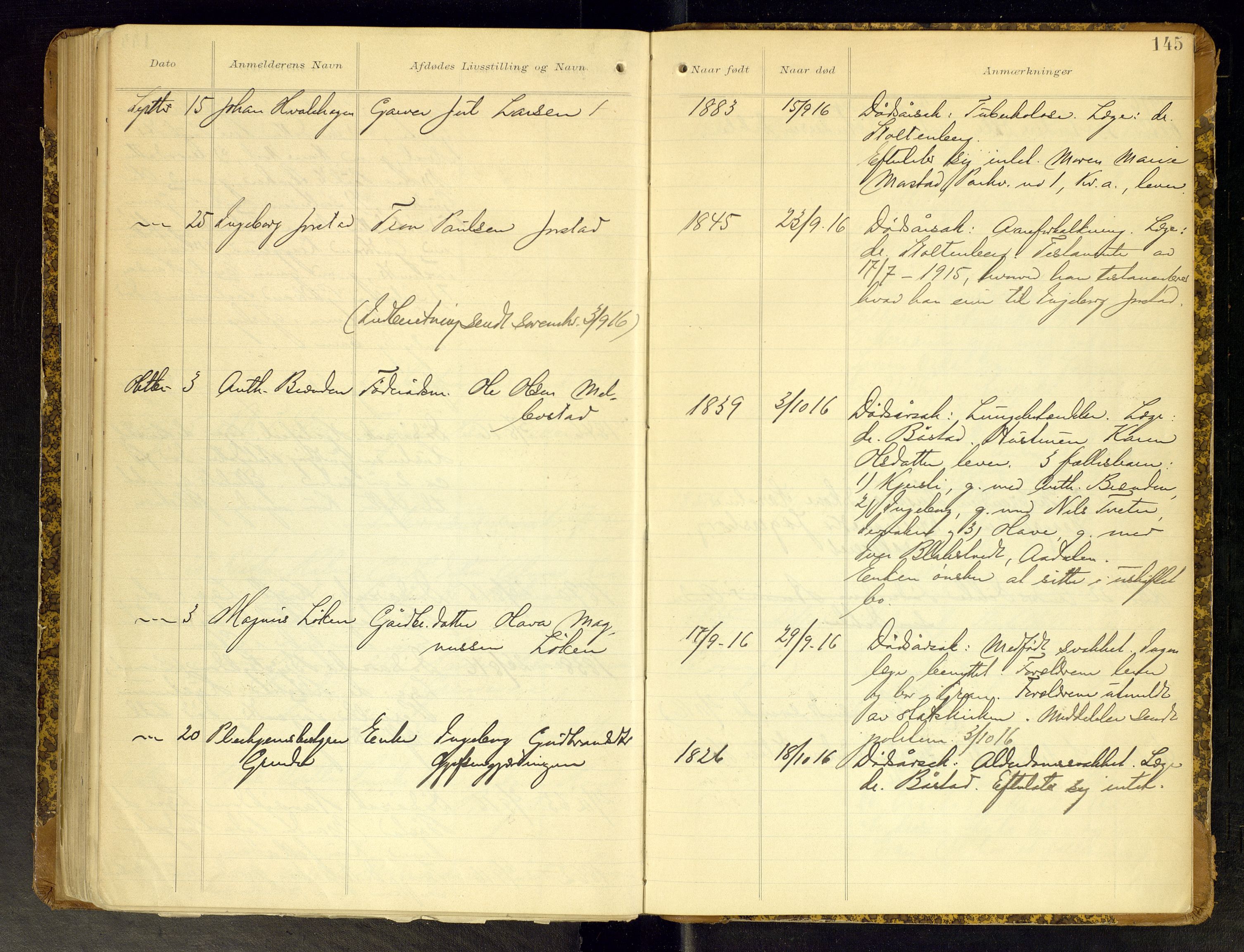 Gran lensmannskontor, AV/SAH-LOG-010/H/Ha/L0002: Dødsfallsprotokoll, 1899-1917, p. 145