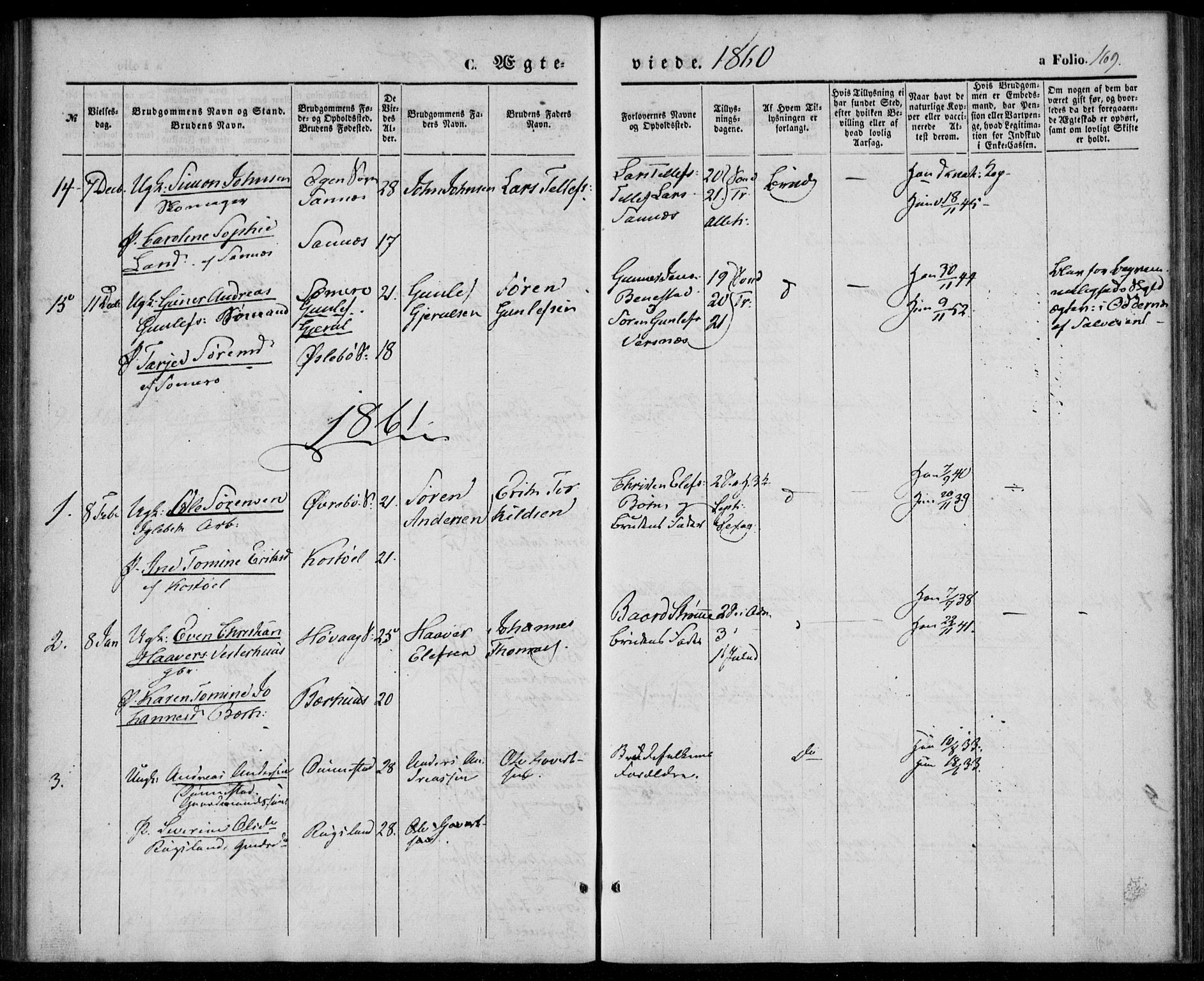 Tveit sokneprestkontor, SAK/1111-0043/F/Fa/L0005: Parish register (official) no. A 5, 1853-1871, p. 169