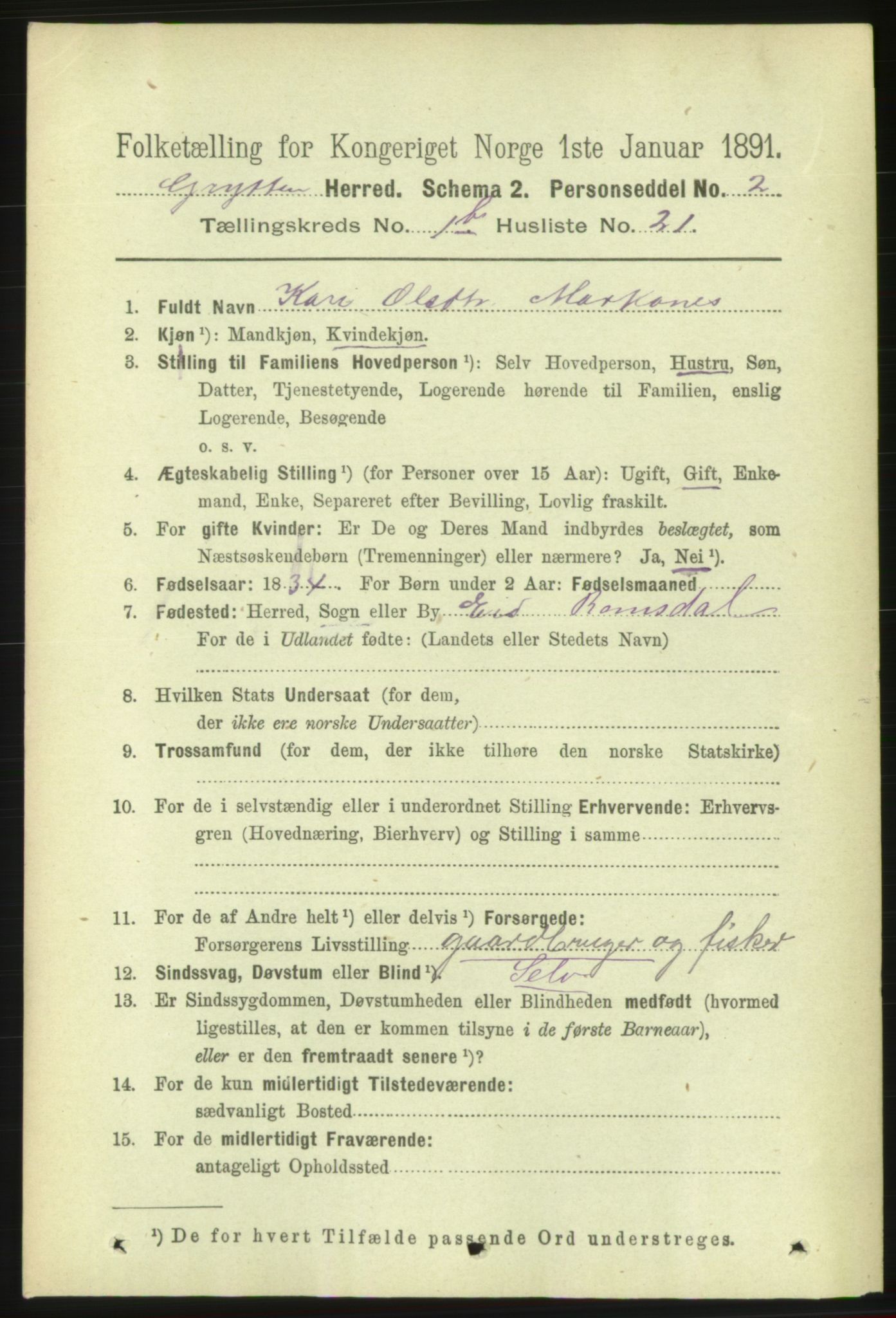 RA, 1891 census for 1539 Grytten, 1891, p. 207