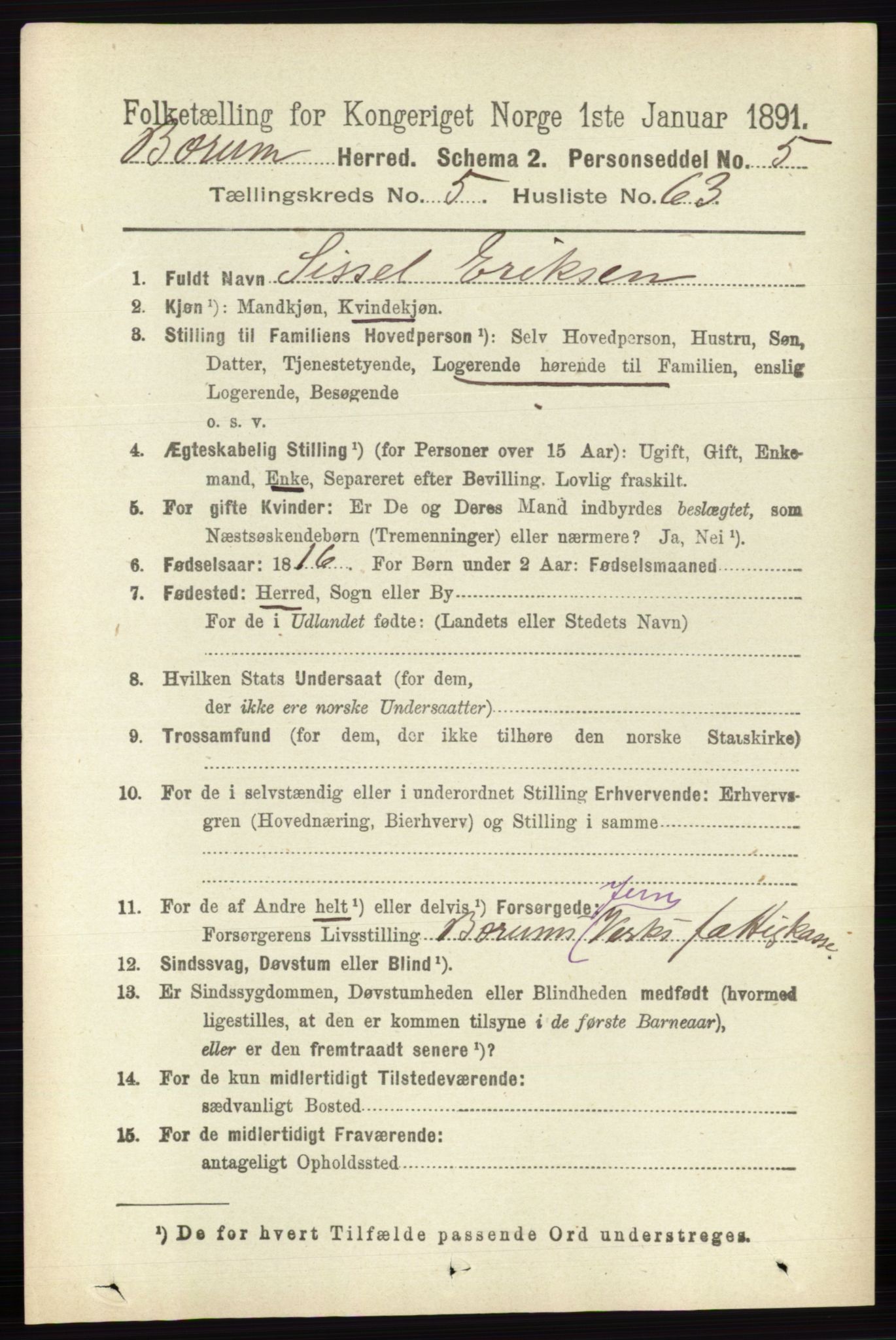 RA, 1891 census for 0219 Bærum, 1891, p. 3416