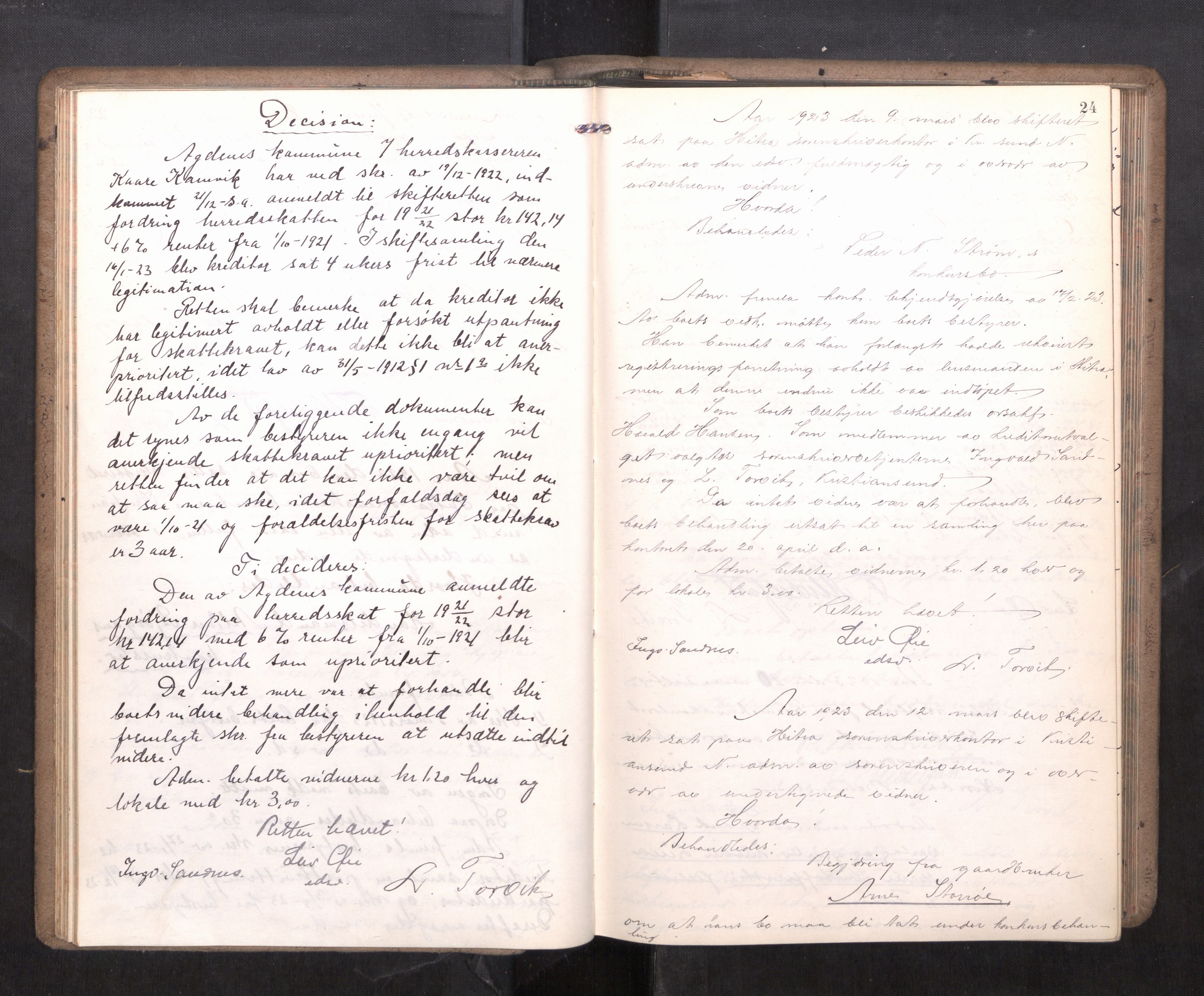 Hitra sorenskriveri, AV/SAT-A-0018/3/3B/L0002: Skifteforhandlingsprotokoll, 1922-1927, p. 23b-24a