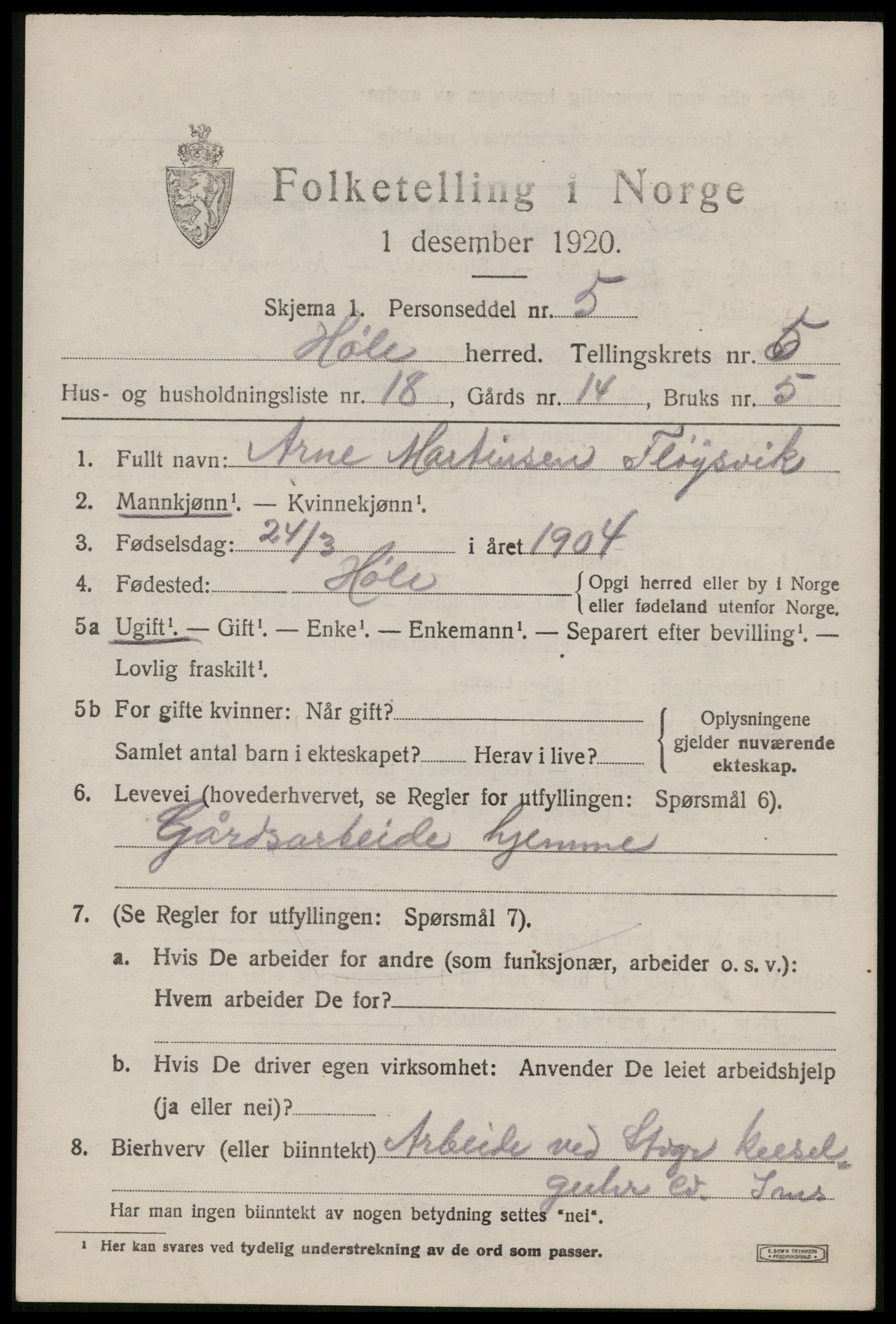 SAST, 1920 census for Høle, 1920, p. 1819