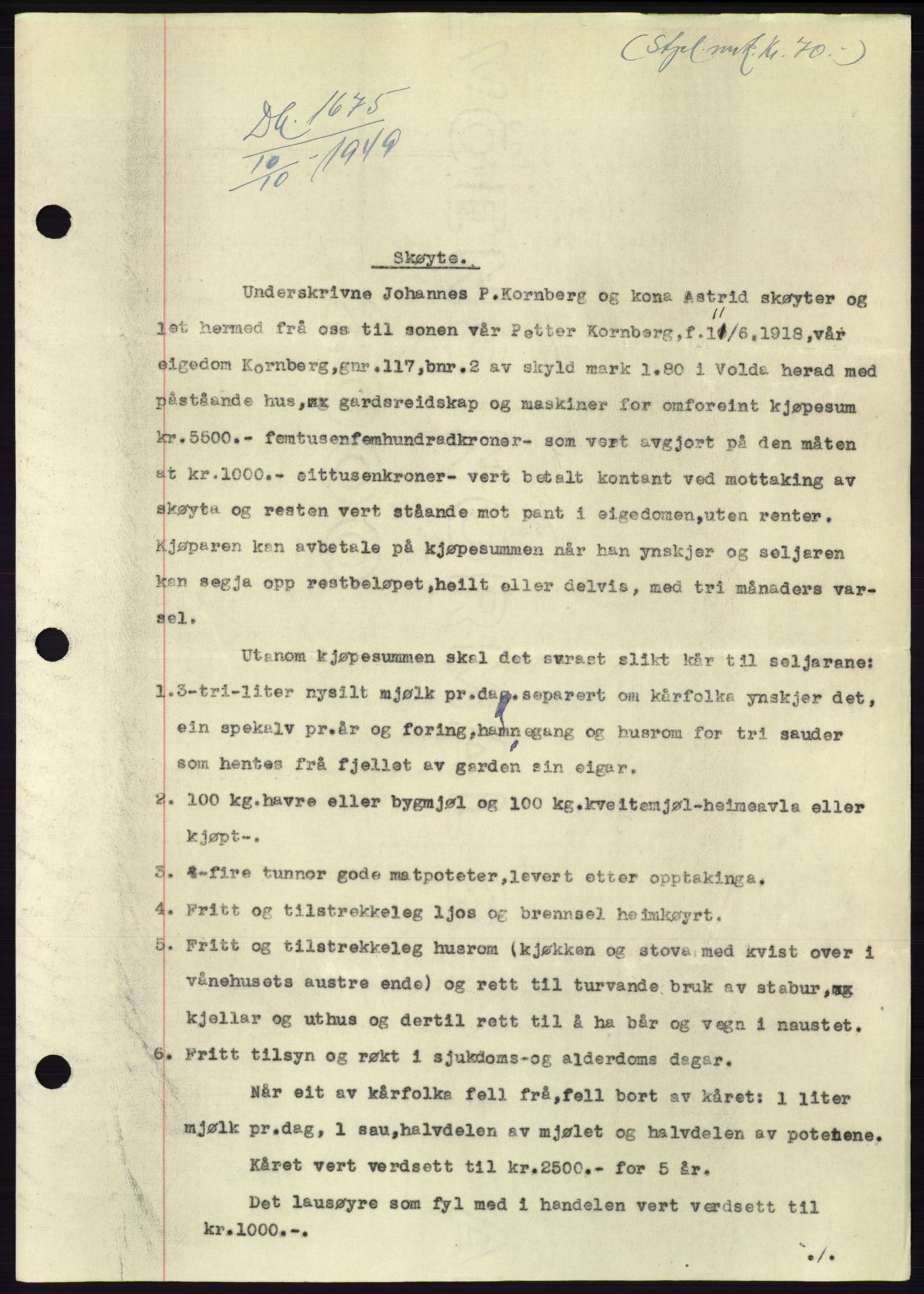 Søre Sunnmøre sorenskriveri, AV/SAT-A-4122/1/2/2C/L0085: Mortgage book no. 11A, 1949-1949, Diary no: : 1675/1949