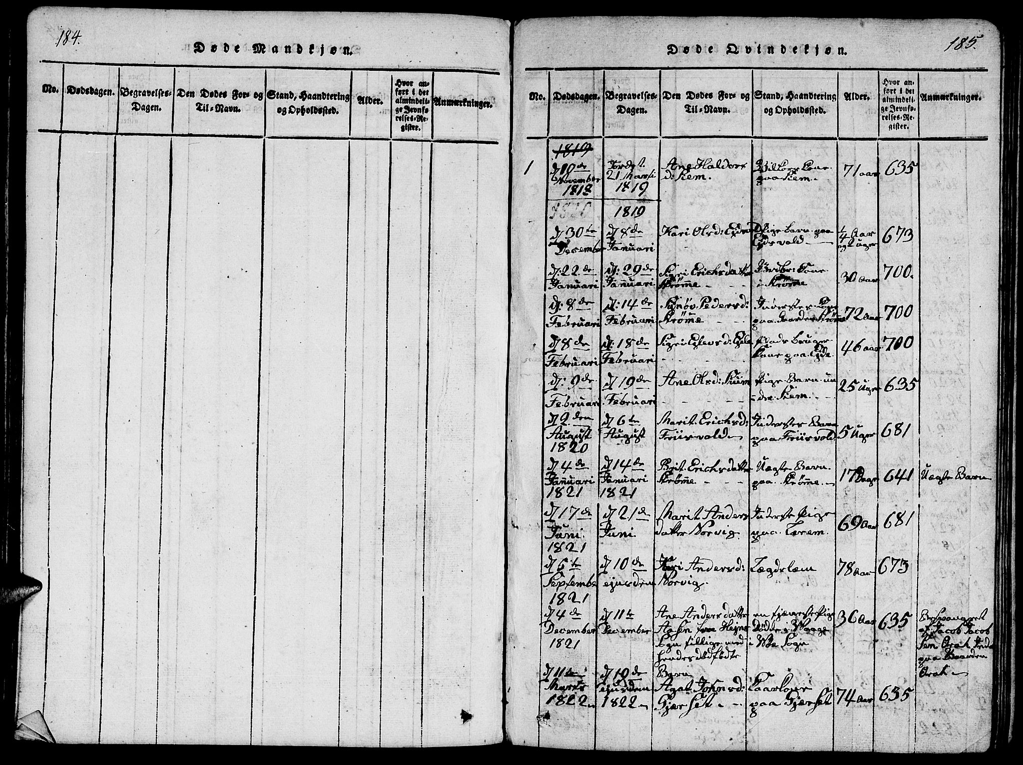 Ministerialprotokoller, klokkerbøker og fødselsregistre - Møre og Romsdal, SAT/A-1454/542/L0558: Parish register (copy) no. 542C01, 1818-1836, p. 184-185