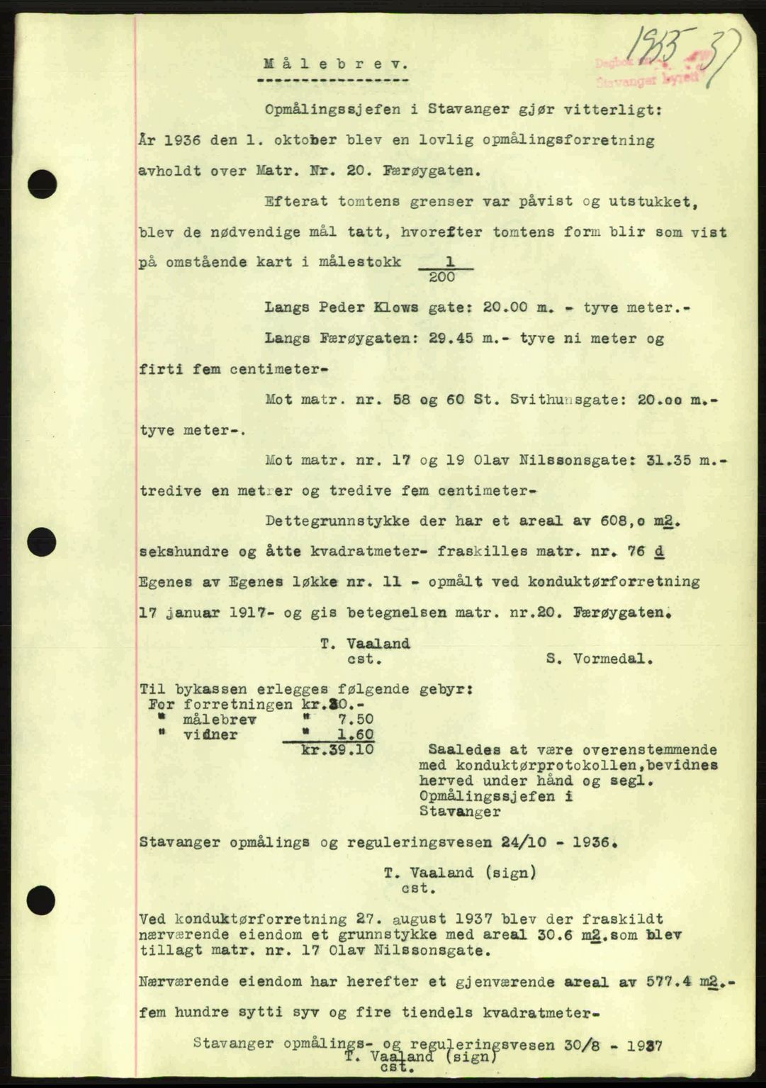 Stavanger byrett, SAST/A-100455/002/G/Gb/L0012: Mortgage book no. A2, 1936-1937, Diary no: : 1955/1937