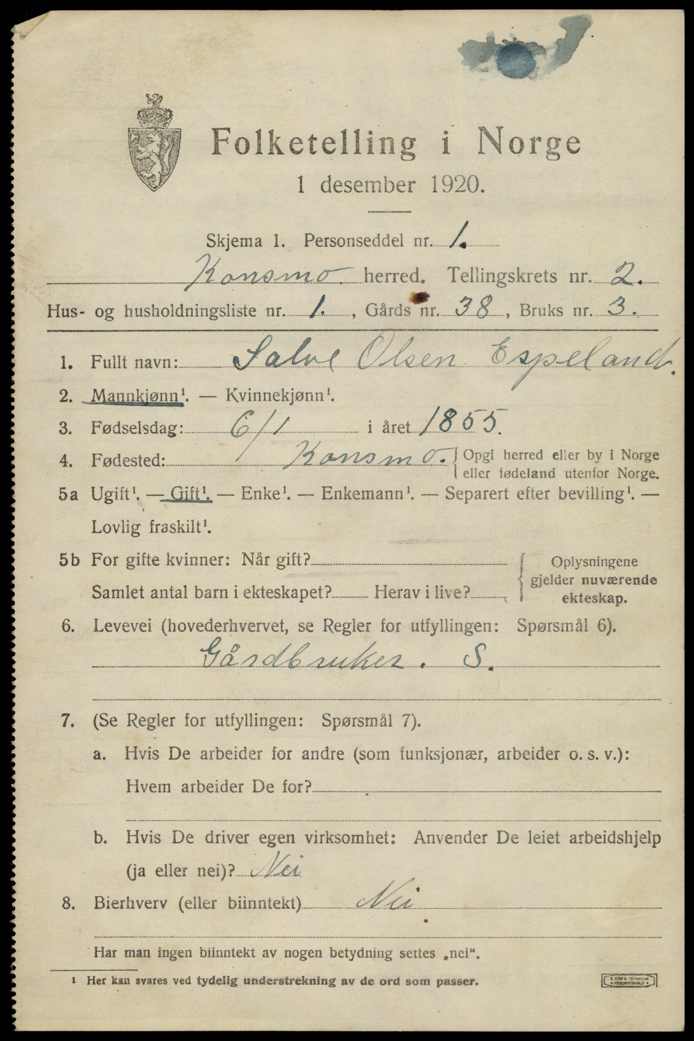 SAK, 1920 census for Konsmo, 1920, p. 984