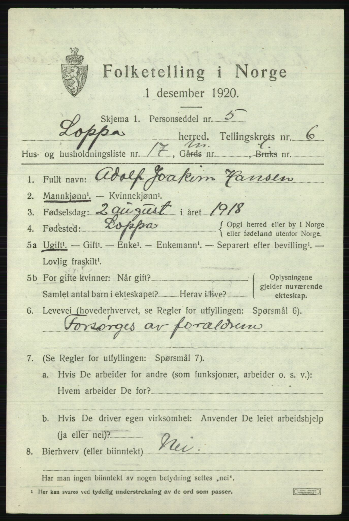 SATØ, 1920 census for Loppa, 1920, p. 2724
