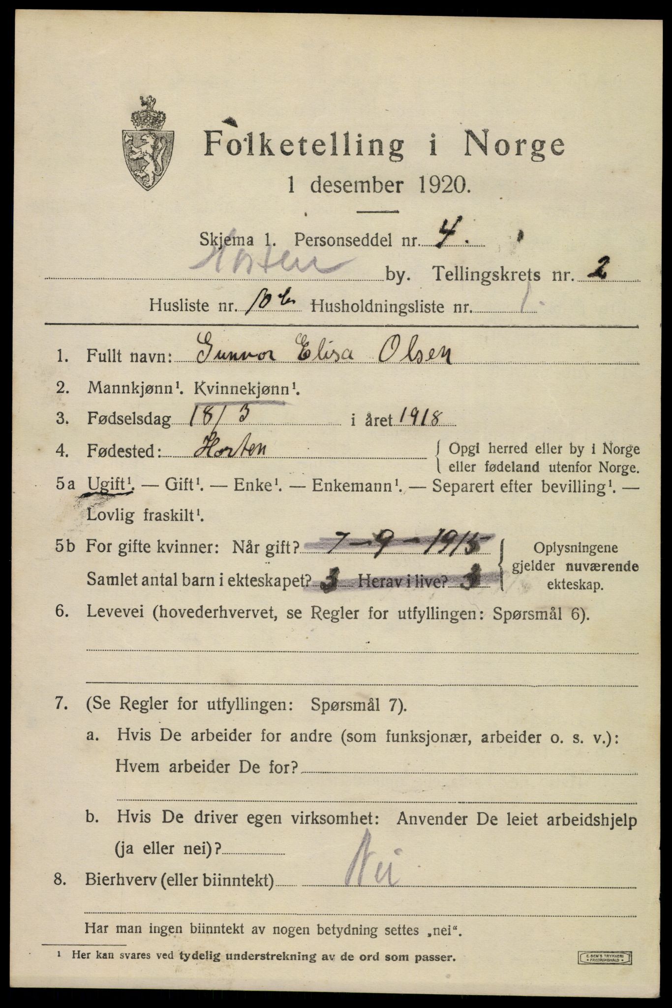 SAKO, 1920 census for Horten, 1920, p. 10327