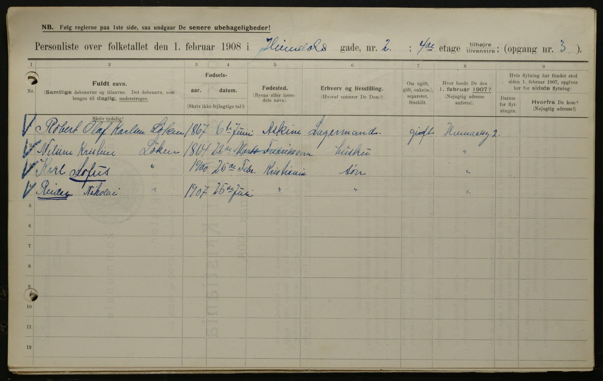 OBA, Municipal Census 1908 for Kristiania, 1908, p. 32918