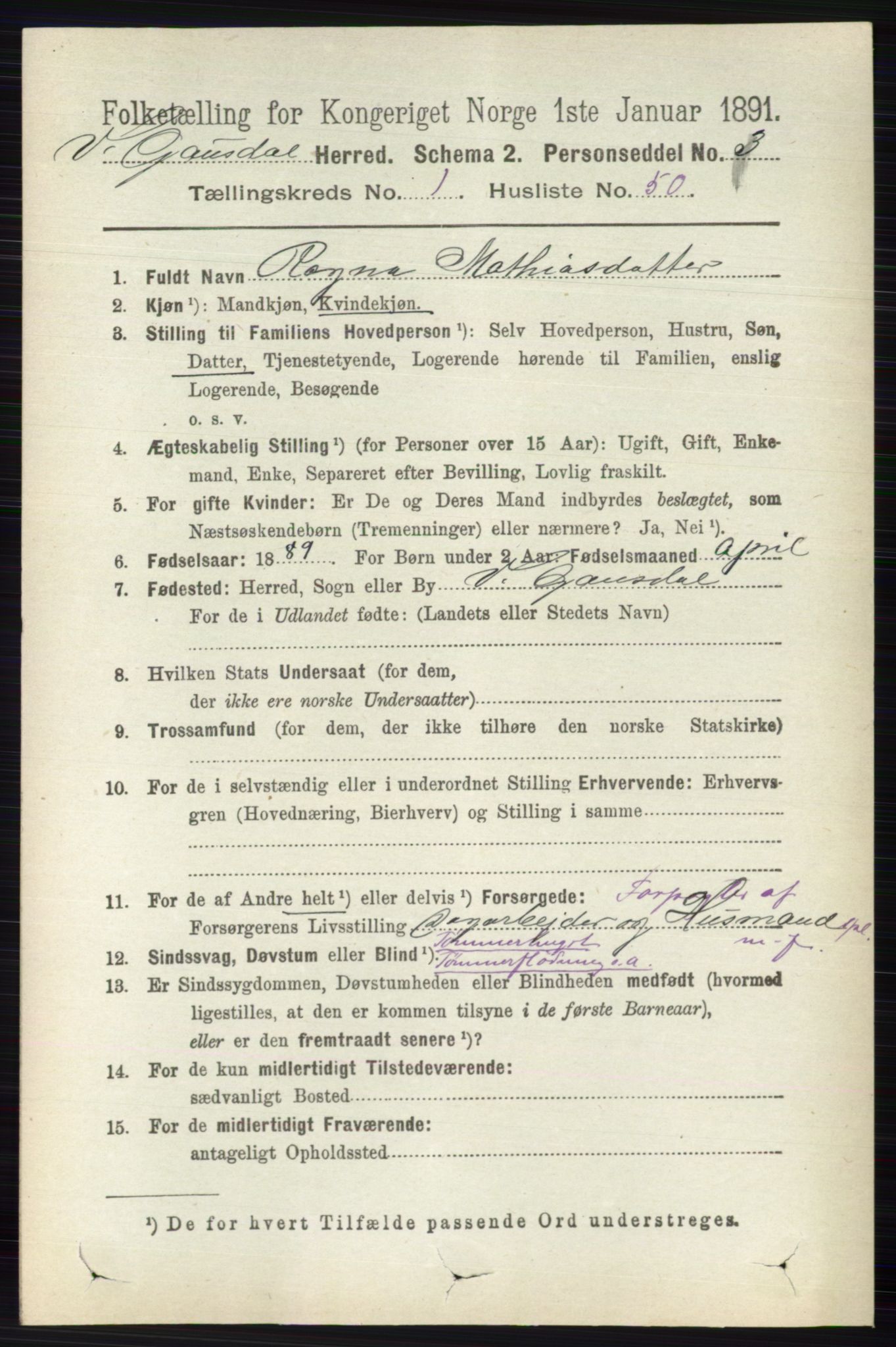 RA, 1891 census for 0523 Vestre Gausdal, 1891, p. 353