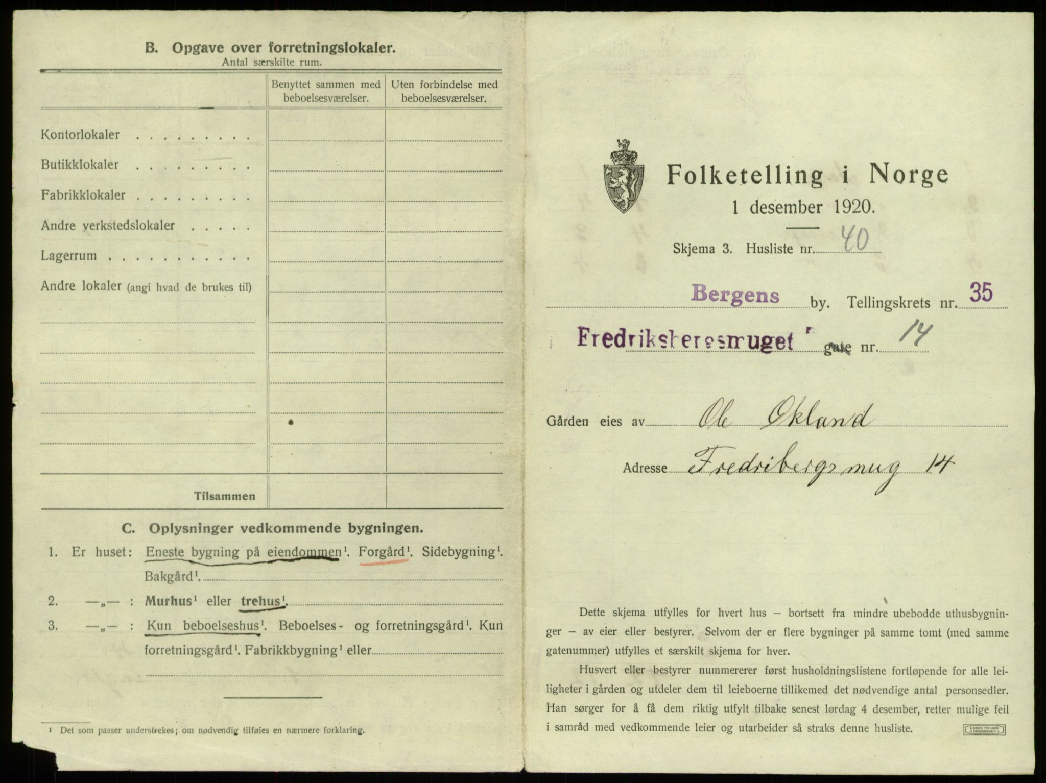 SAB, 1920 census for Bergen, 1920, p. 3304