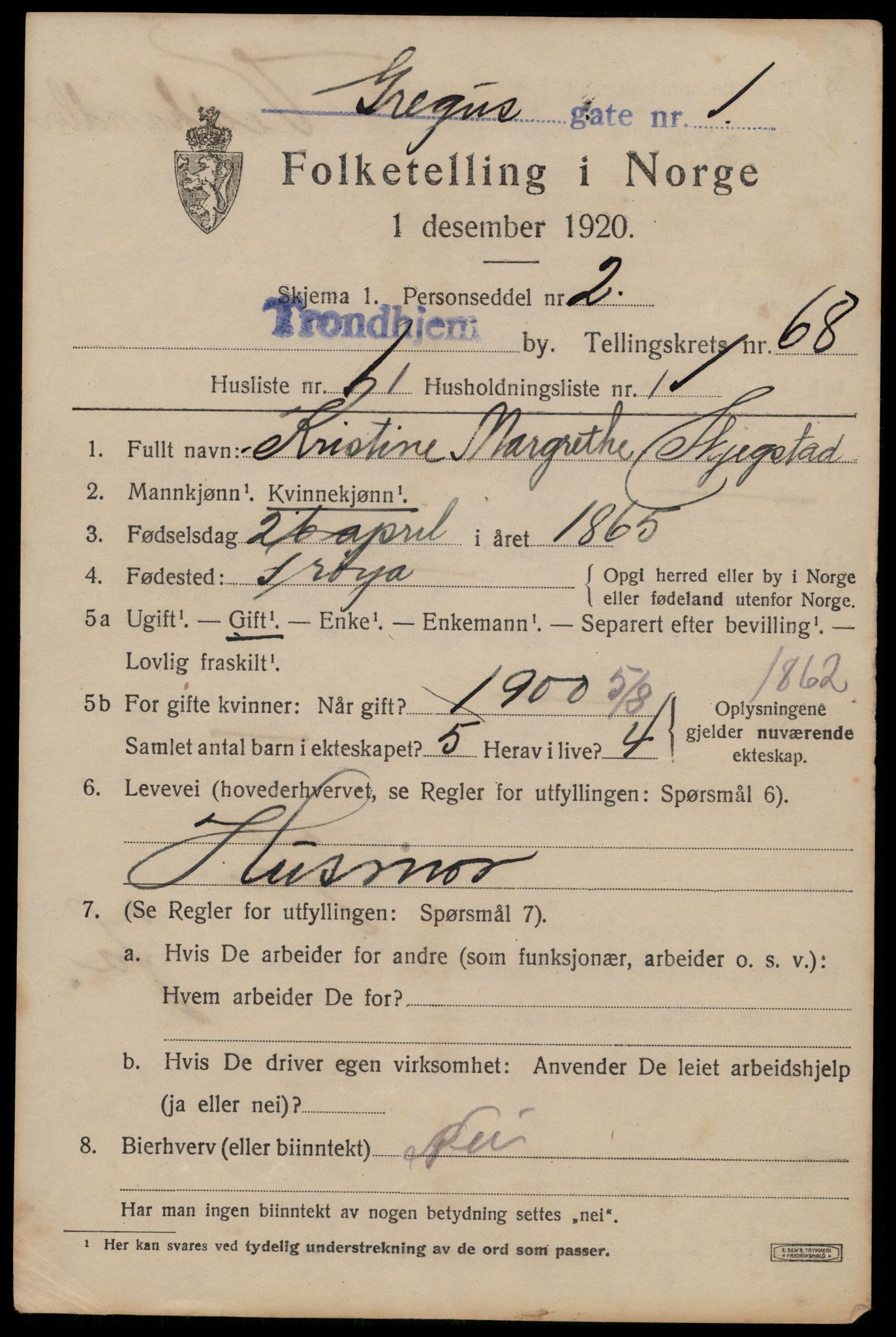 SAT, 1920 census for Trondheim, 1920, p. 133970