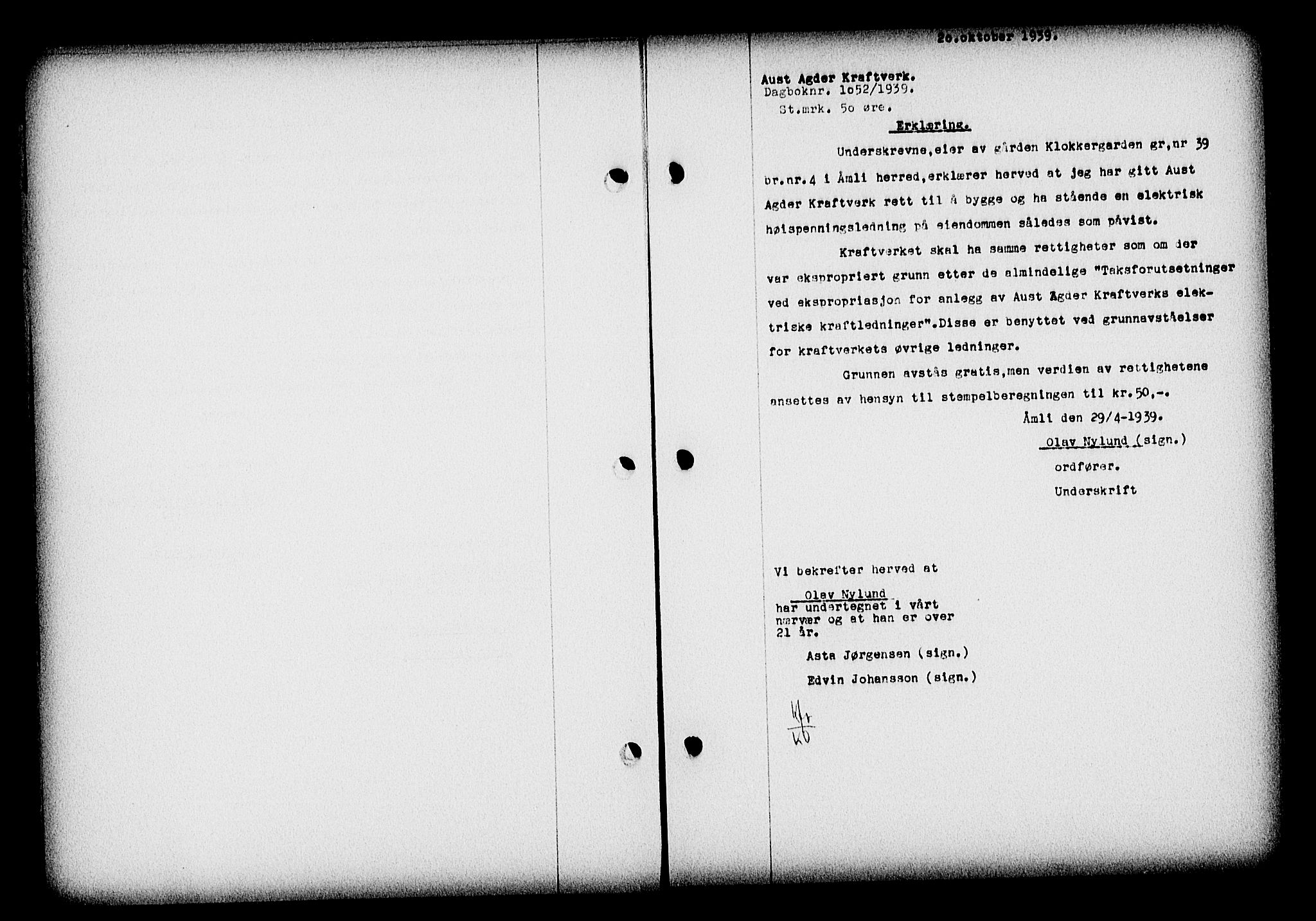 Nedenes sorenskriveri, AV/SAK-1221-0006/G/Gb/Gba/L0047: Mortgage book no. A-I, 1939-1940, Diary no: : 1052/1939