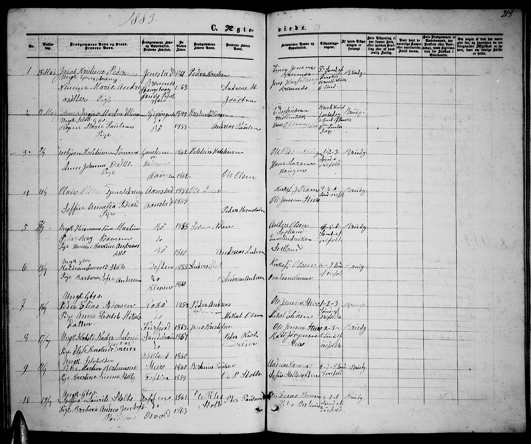 Ministerialprotokoller, klokkerbøker og fødselsregistre - Nordland, SAT/A-1459/895/L1381: Parish register (copy) no. 895C03, 1864-1885, p. 214