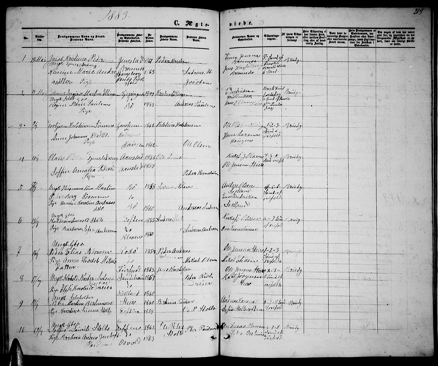 Ministerialprotokoller, klokkerbøker og fødselsregistre - Nordland, AV/SAT-A-1459/895/L1381: Parish register (copy) no. 895C03, 1864-1885, p. 214