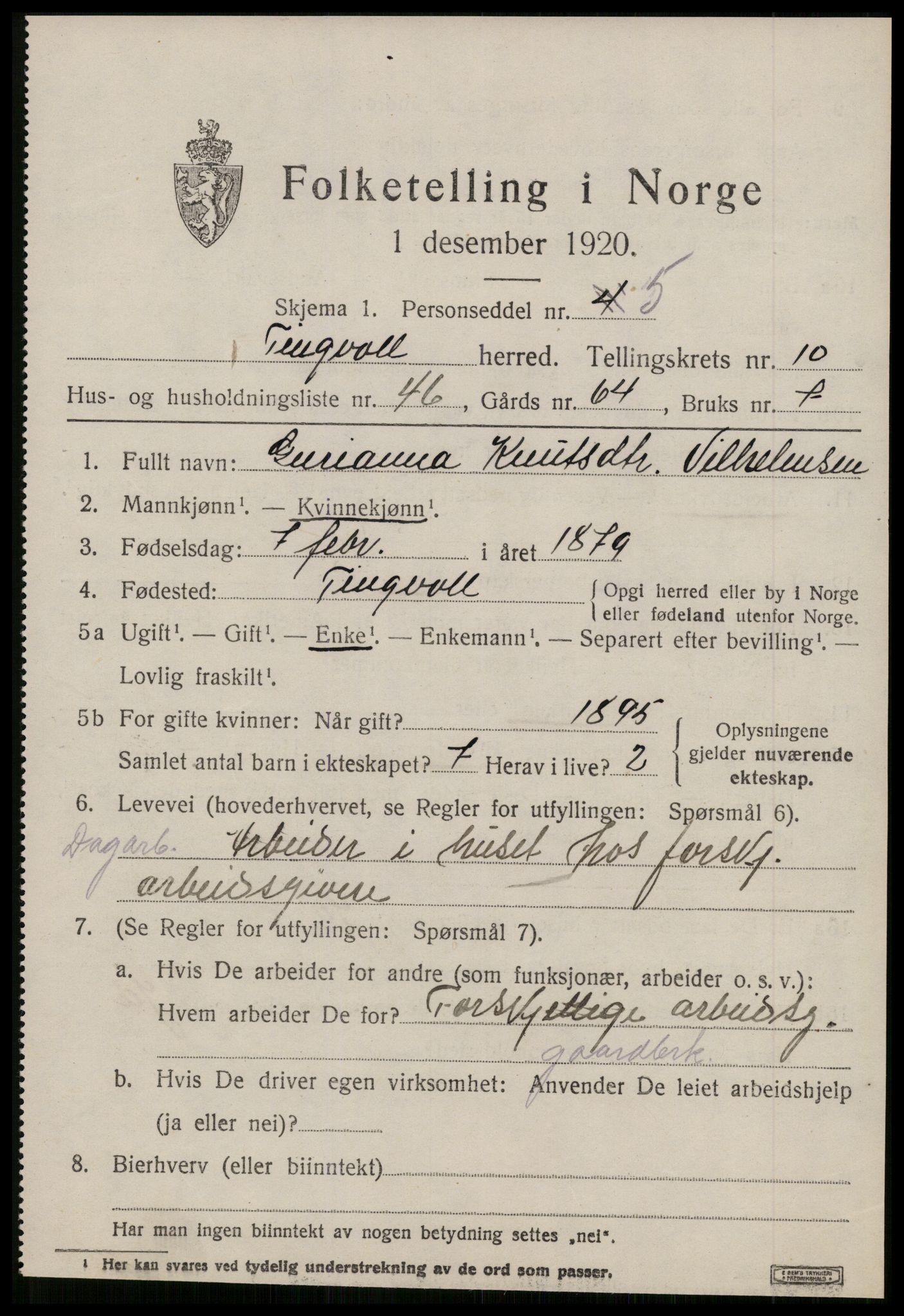 SAT, 1920 census for Tingvoll, 1920, p. 5714