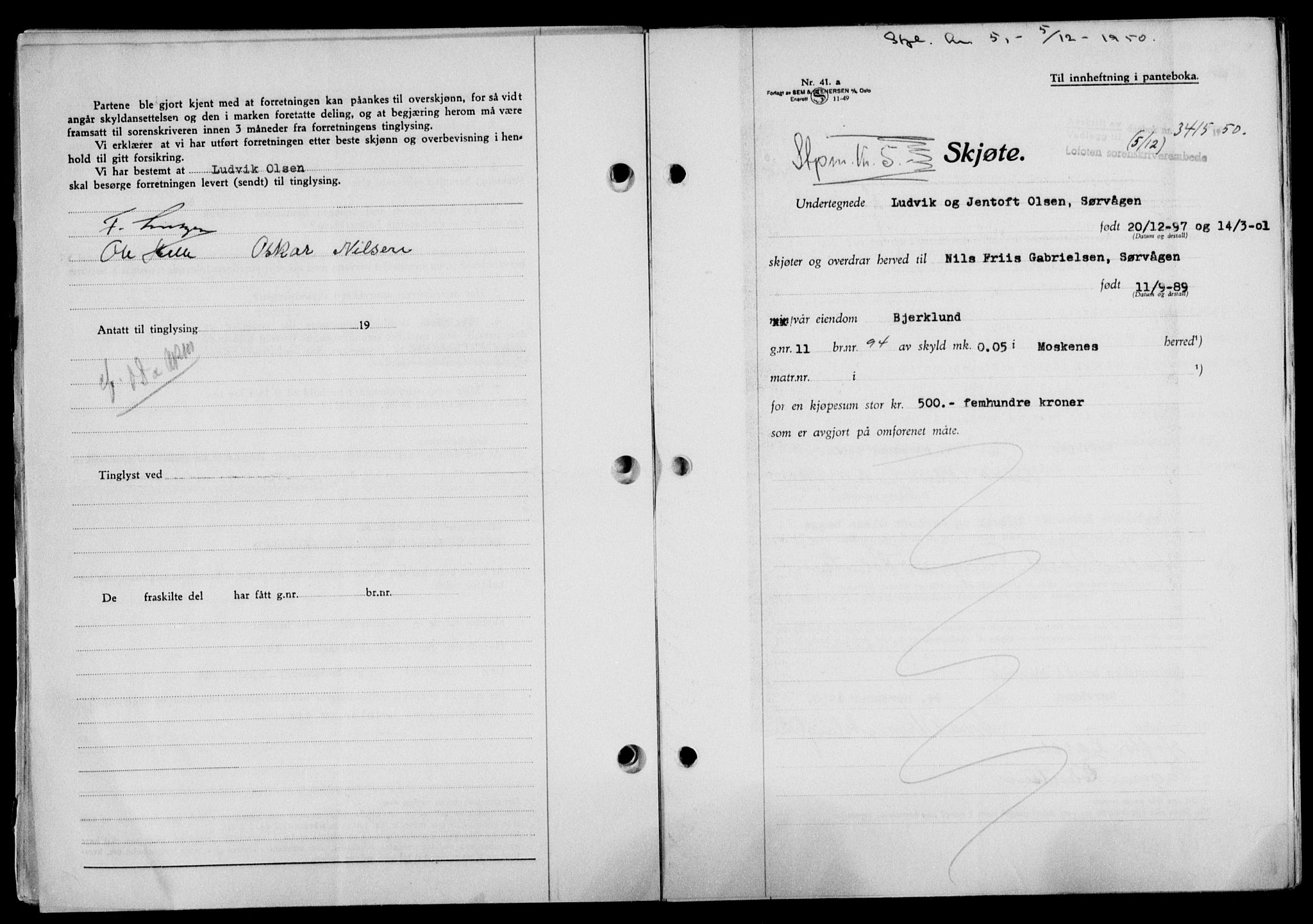 Lofoten sorenskriveri, SAT/A-0017/1/2/2C/L0025a: Mortgage book no. 25a, 1950-1951, Diary no: : 3415/1950