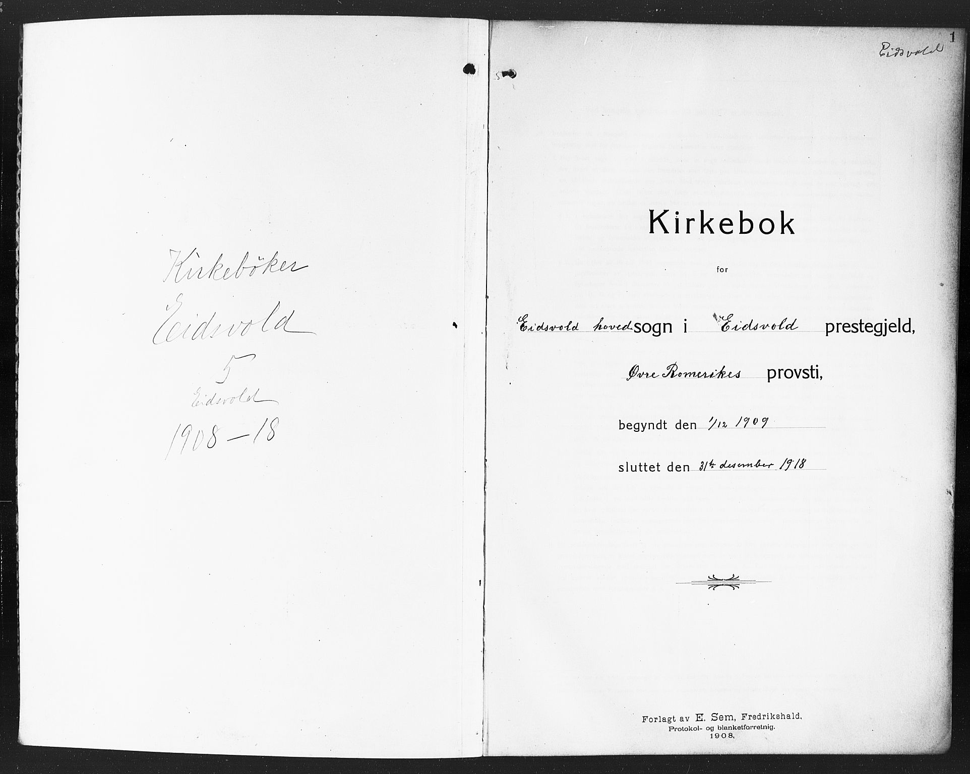 Eidsvoll prestekontor Kirkebøker, AV/SAO-A-10888/G/Ga/L0008: Parish register (copy) no. I 8, 1909-1918, p. 1