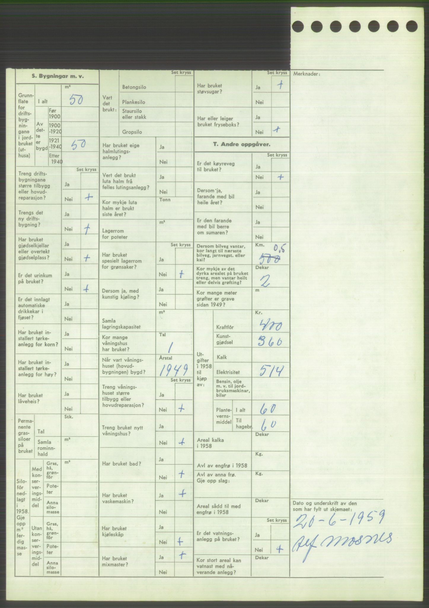 Statistisk sentralbyrå, Næringsøkonomiske emner, Jordbruk, skogbruk, jakt, fiske og fangst, AV/RA-S-2234/G/Gd/L0373: Rogaland: 1130 Strand (kl. 1-2), 1131 Årdal og 1132 Fister, 1959, p. 1788