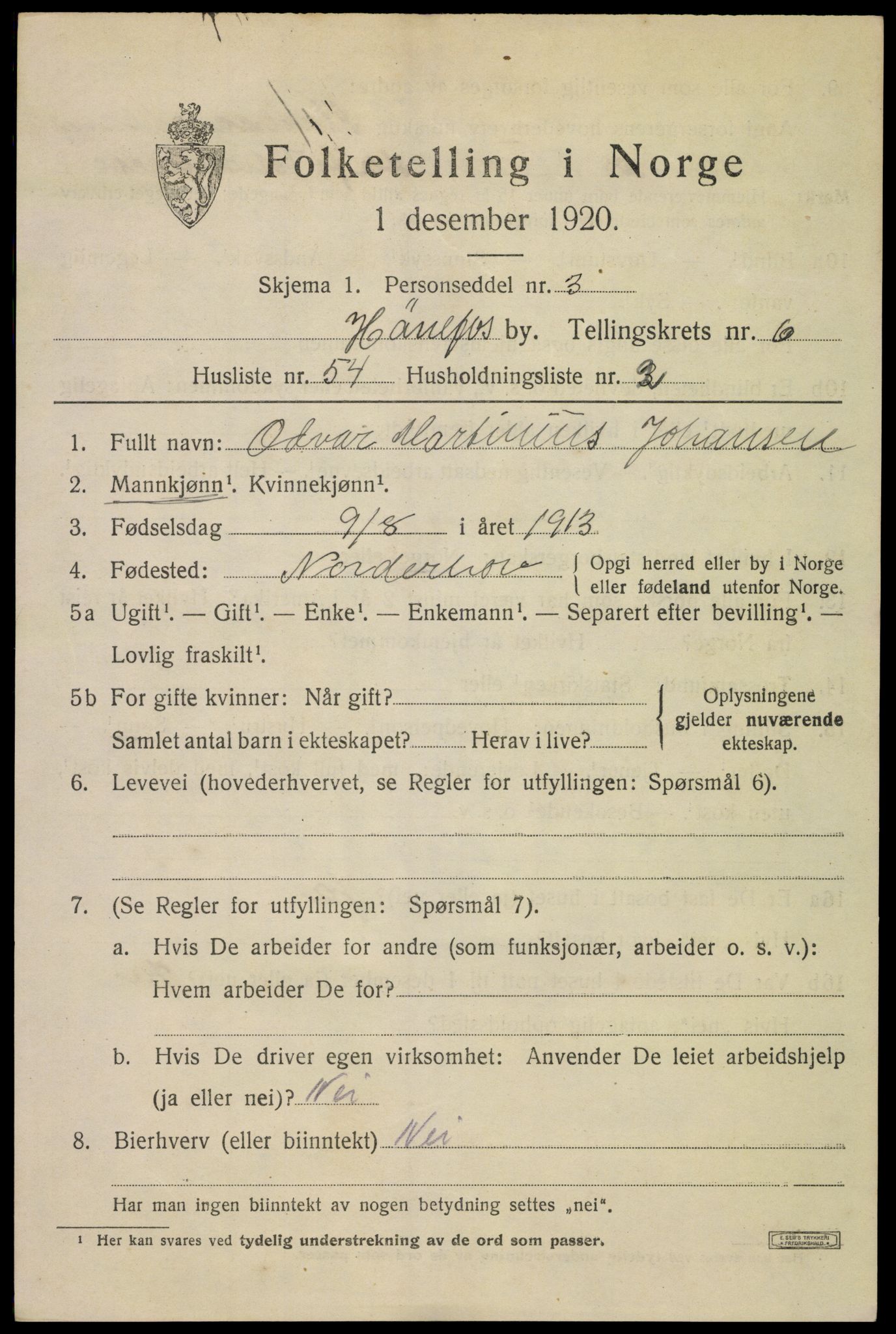 SAKO, 1920 census for Hønefoss, 1920, p. 7844